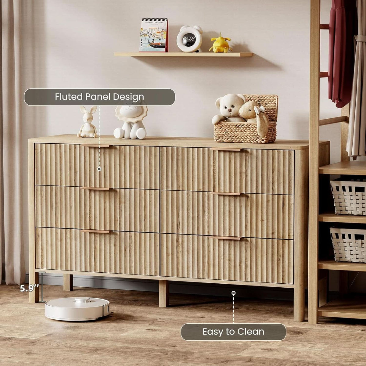 Solid Oak 55 Inch Wide Dresser With Six Drawers For Bedroom