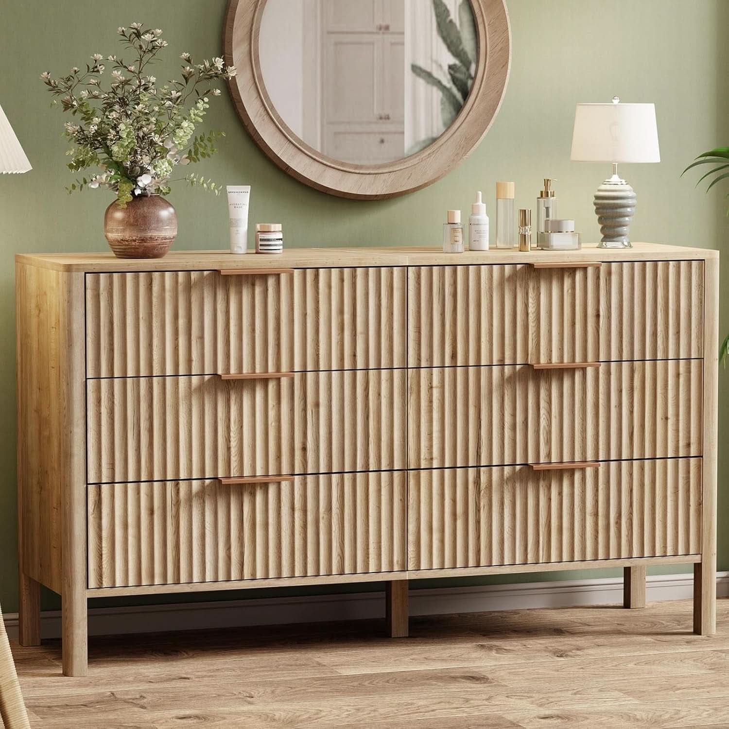 Solid Oak 55 Inch Wide Dresser With Six Drawers For Bedroom