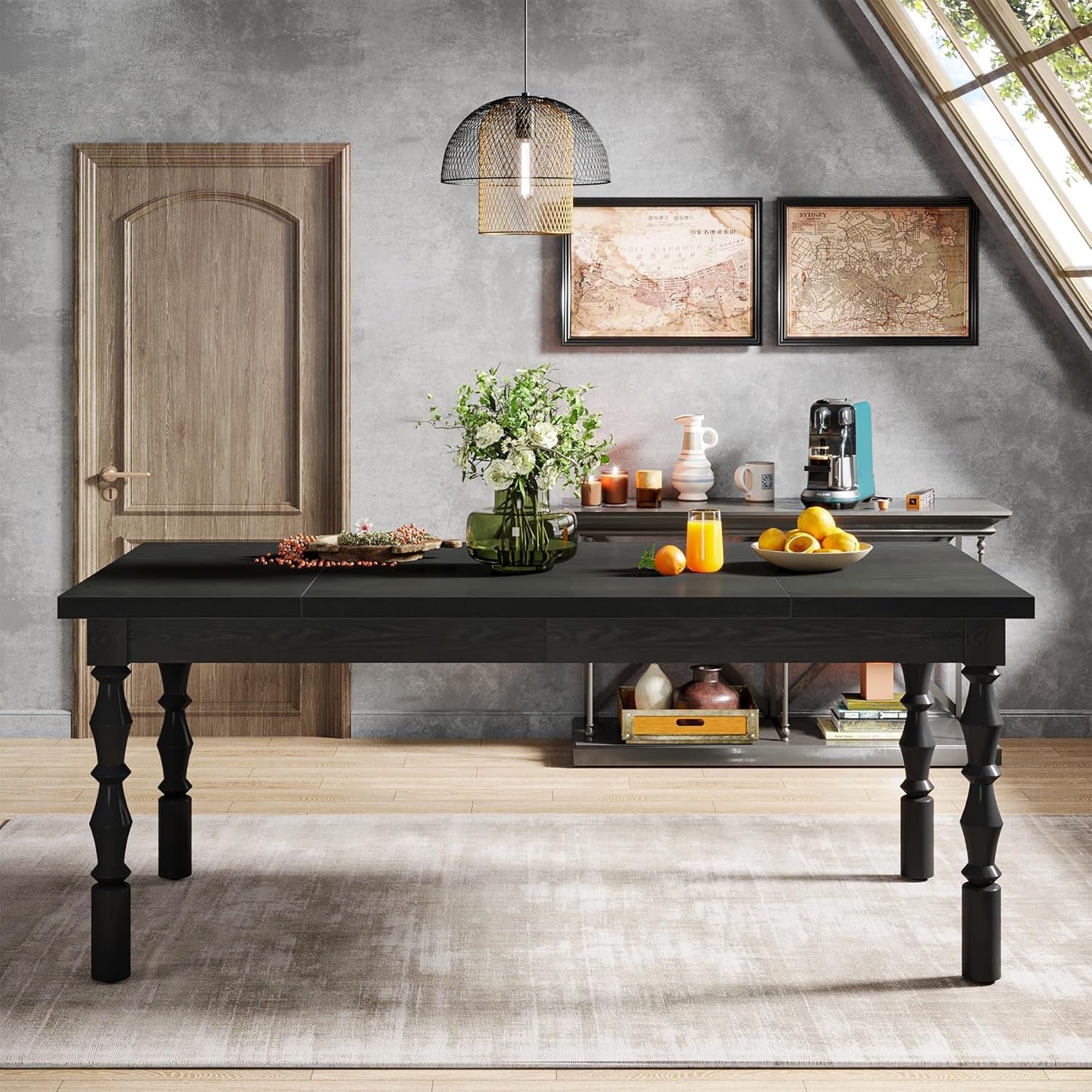 Solid Wood 62 Inch Black Farmhouse Rectangular Dining Table