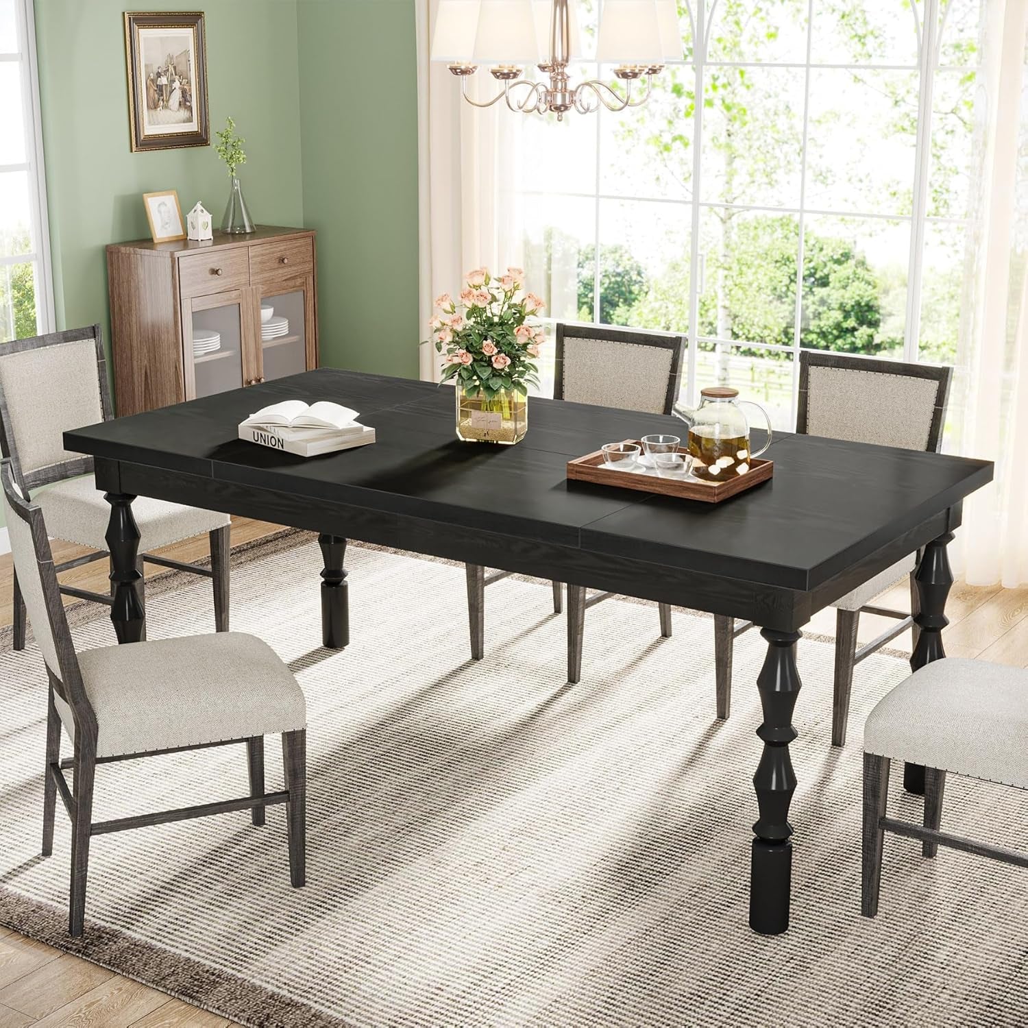 Solid Wood 62 Inch Black Farmhouse Rectangular Dining Table