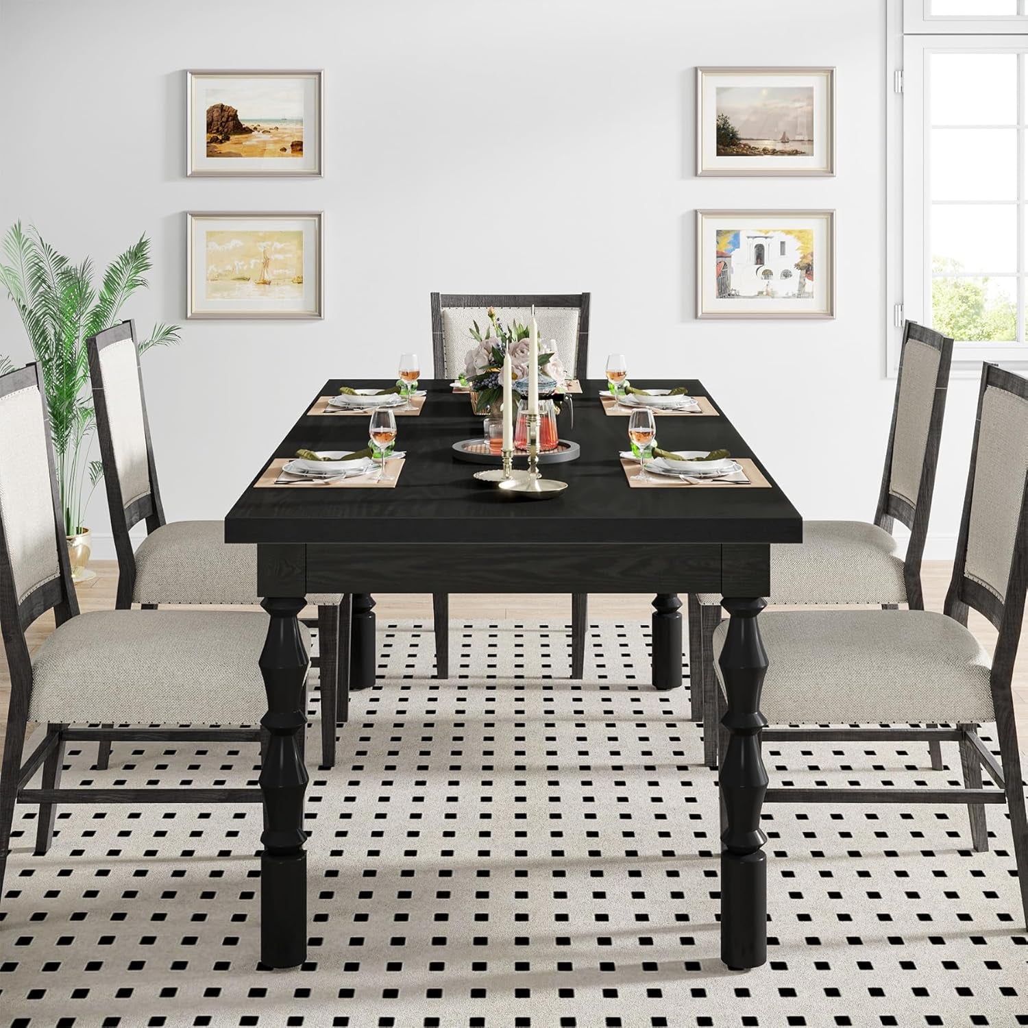 Solid Wood 62 Inch Black Farmhouse Rectangular Dining Table