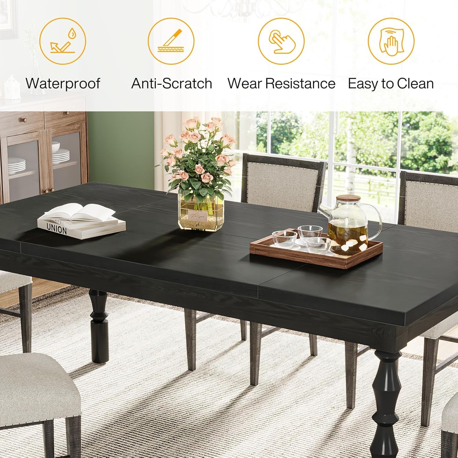 Solid Wood 62 Inch Black Farmhouse Rectangular Dining Table