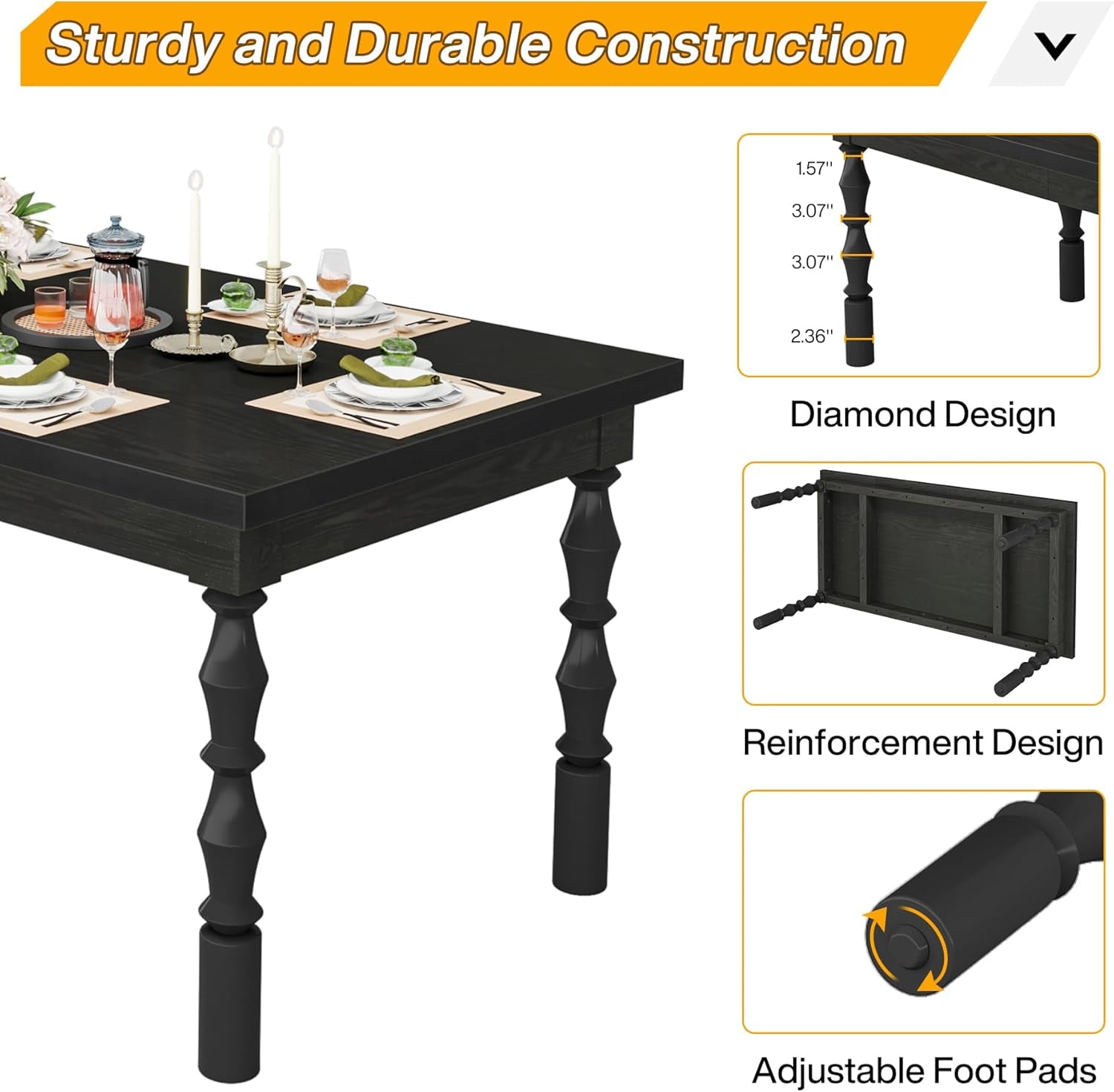 Solid Wood 62 Inch Black Farmhouse Rectangular Dining Table