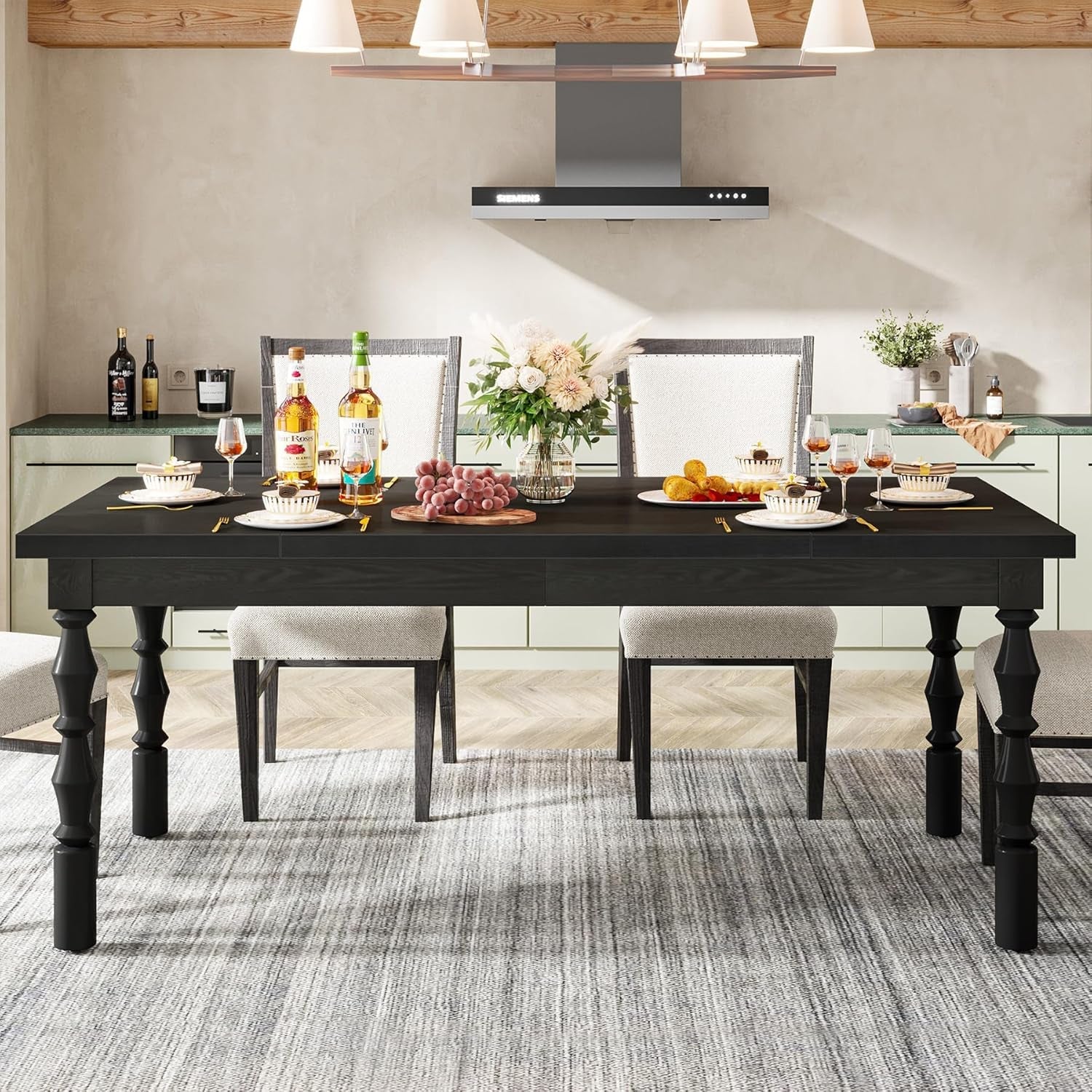 Solid Wood 62 Inch Black Farmhouse Rectangular Dining Table