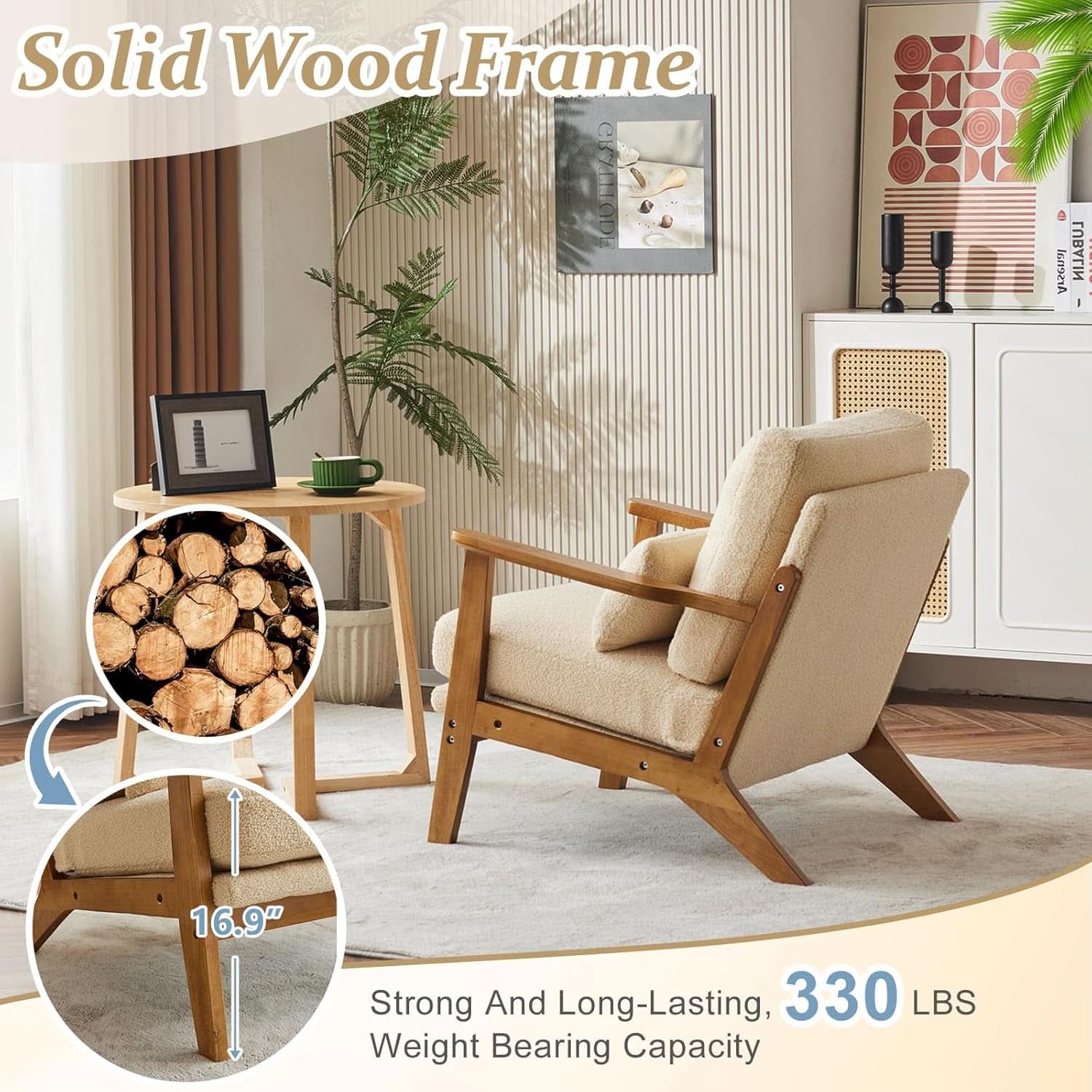 Solid Wood Armchair Khaki Teddy Velvet Upholstery With Pillow