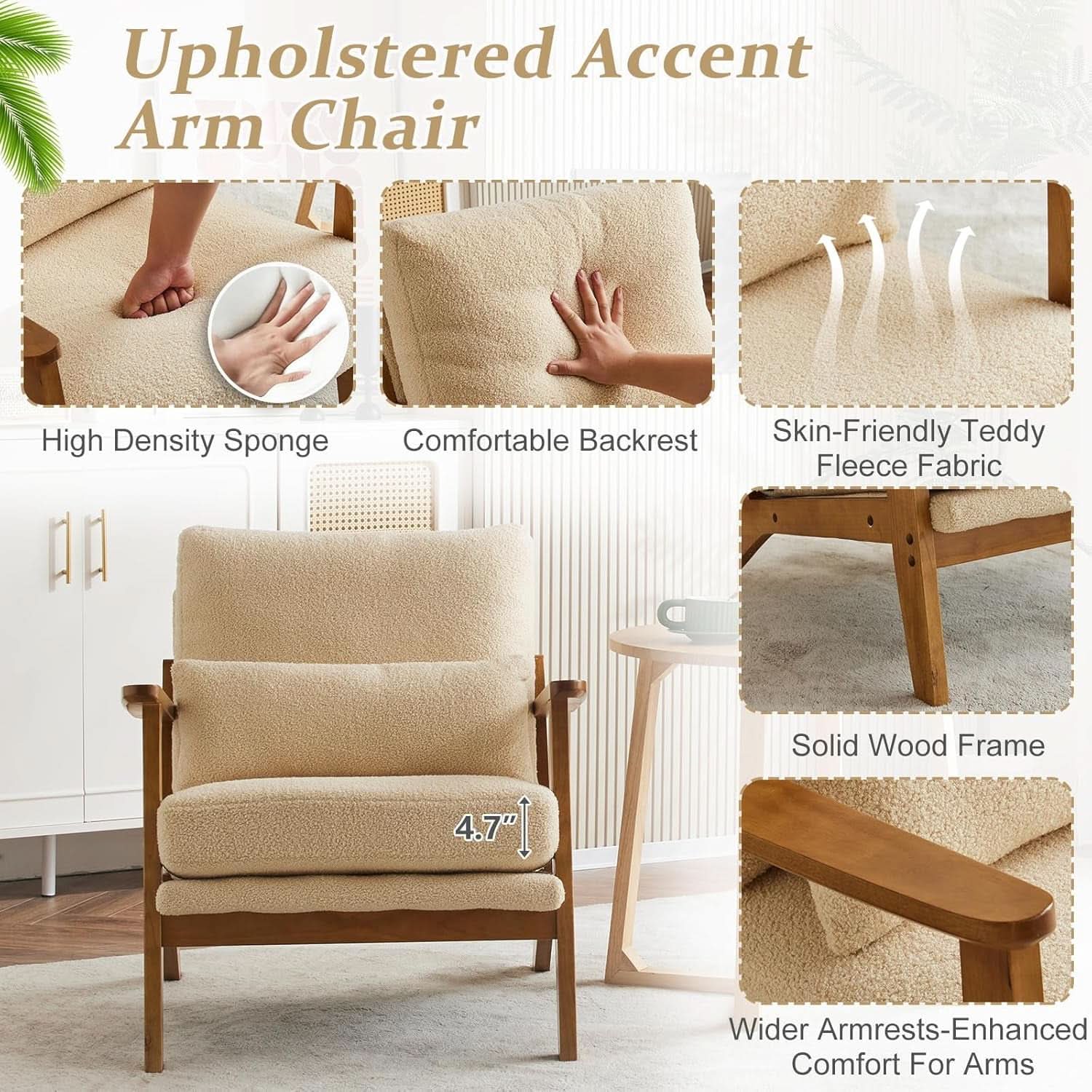 Solid Wood Armchair Khaki Teddy Velvet Upholstery With Pillow