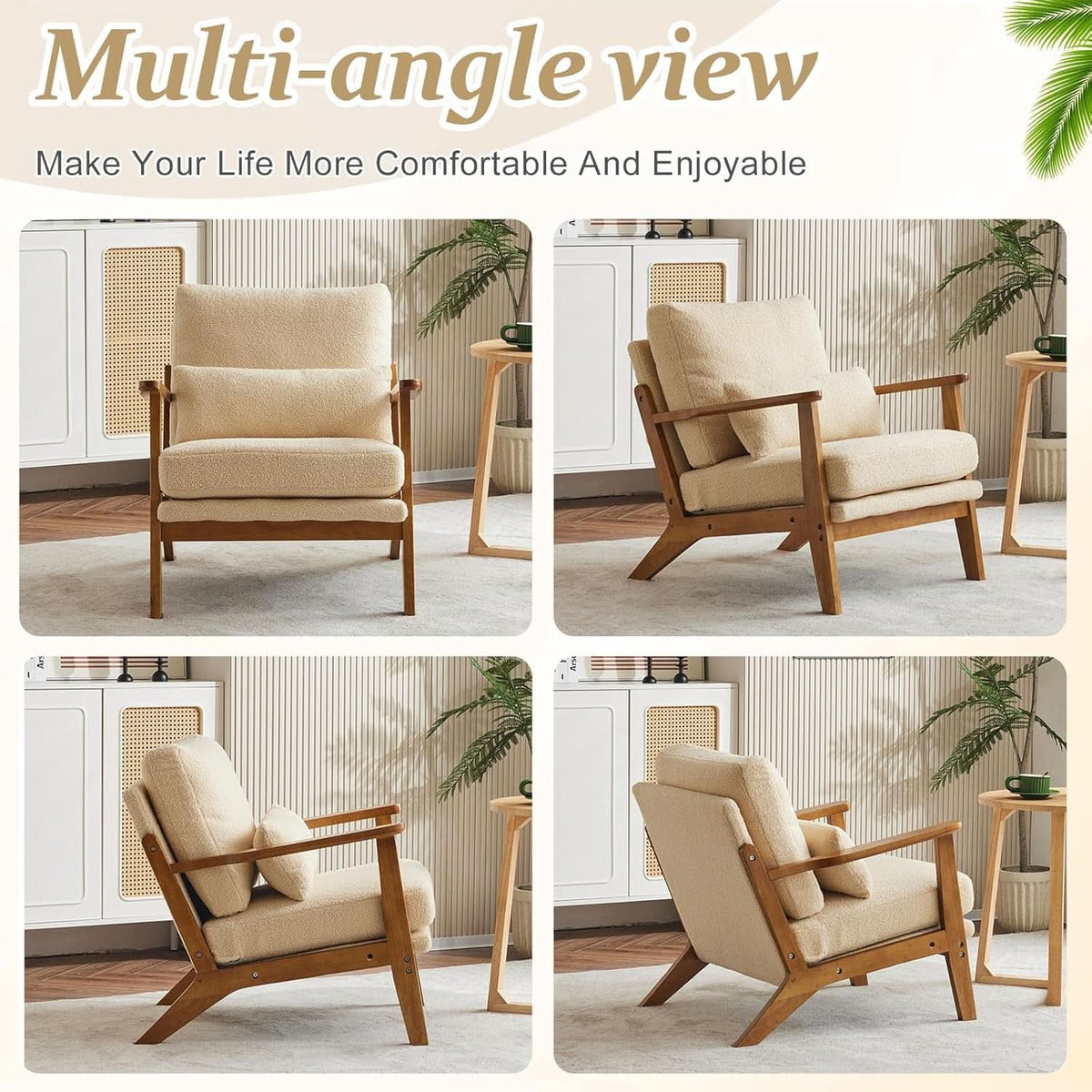 Solid Wood Armchair Khaki Teddy Velvet Upholstery With Pillow