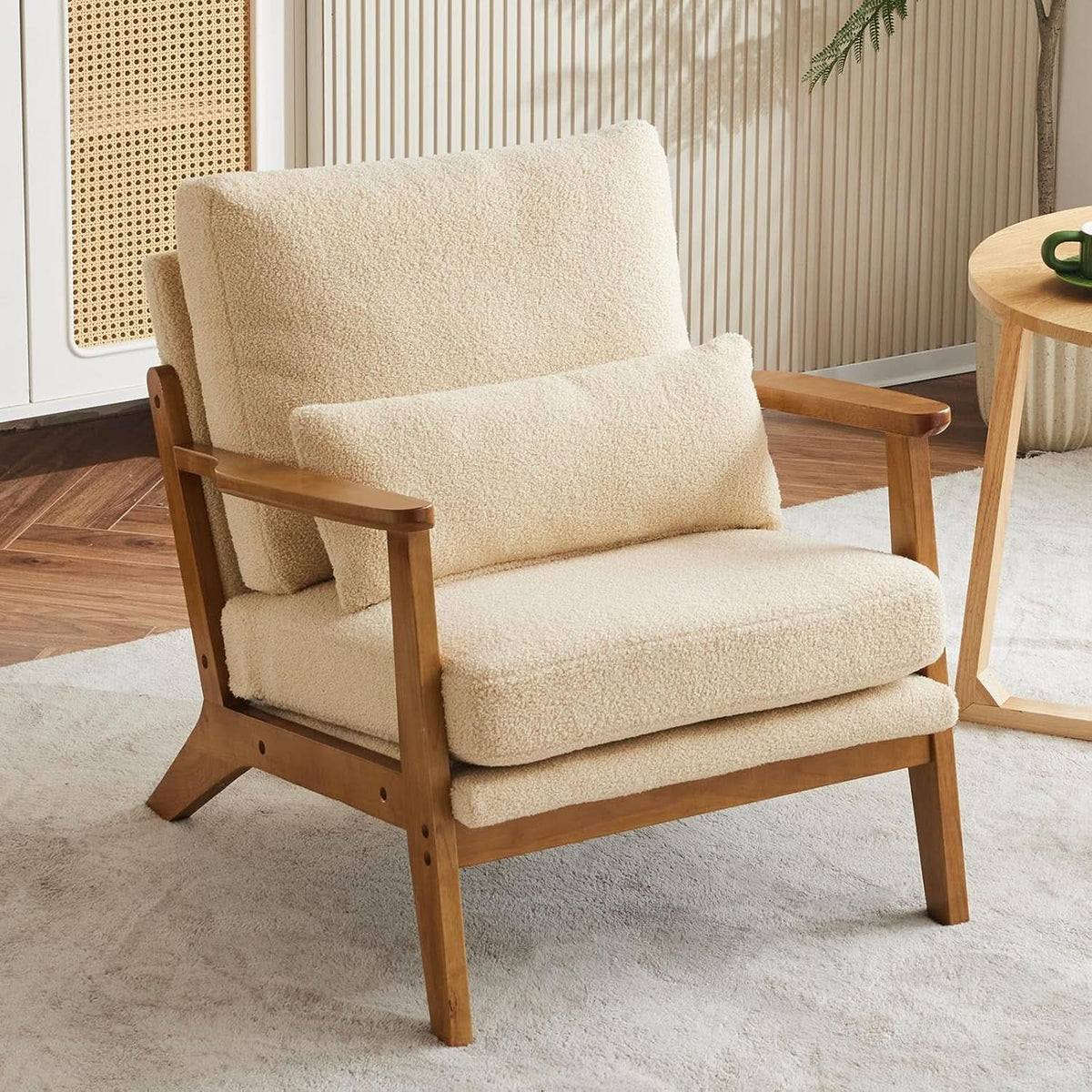 Solid Wood Armchair Khaki Teddy Velvet Upholstery With Pillow