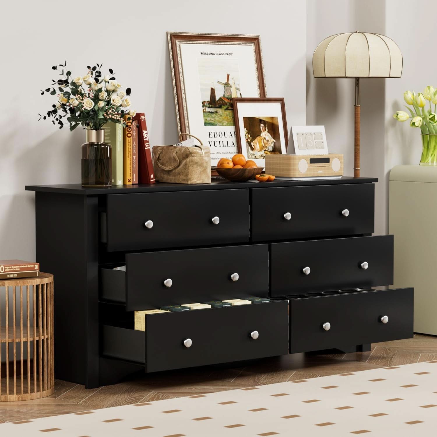 Solid Wood Black Dresser With Six Drawers Contemporary