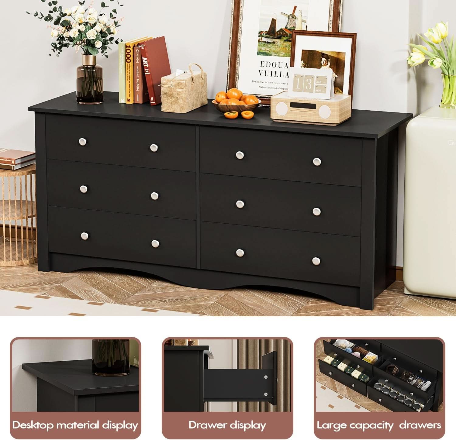 Solid Wood Black Dresser With Six Drawers Contemporary
