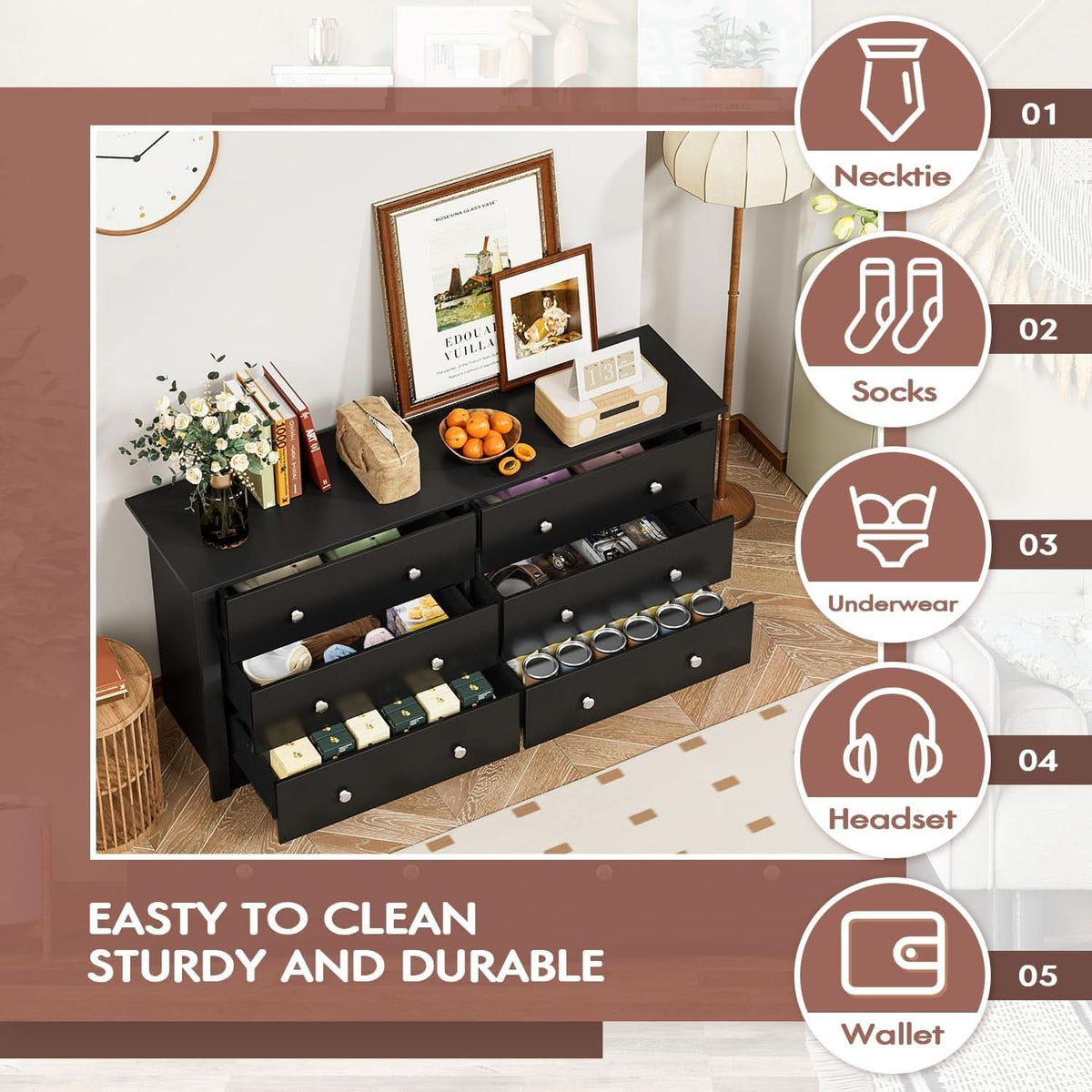 Solid Wood Black Dresser With Six Drawers Contemporary