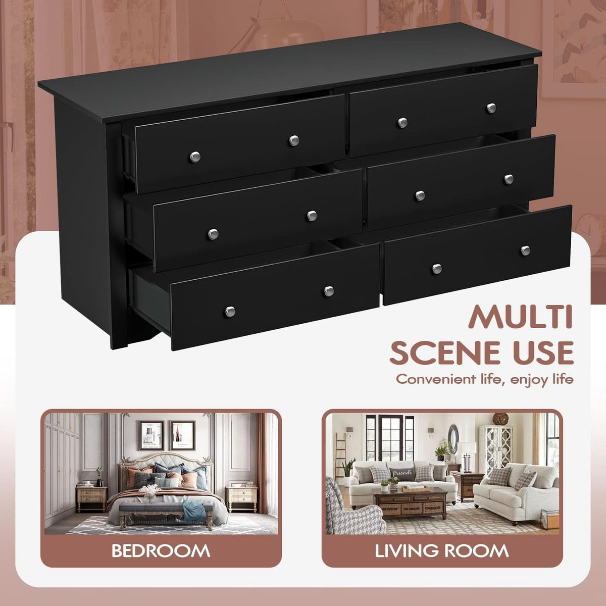 Solid Wood Black Dresser With Six Drawers Contemporary