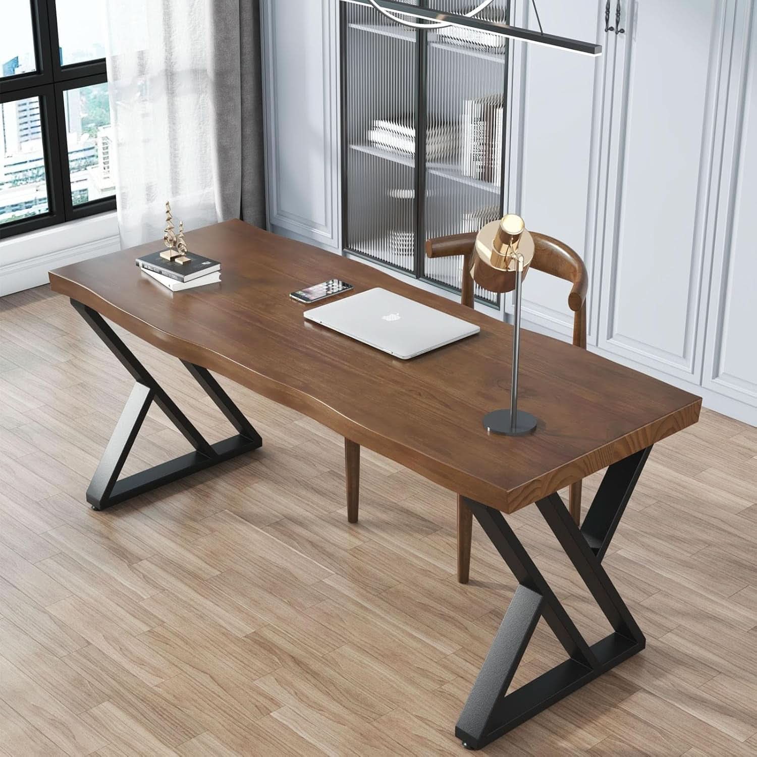 Solid Wood Desk Fifty Five Inch Wide Matte Brown Rustic Aged Oak