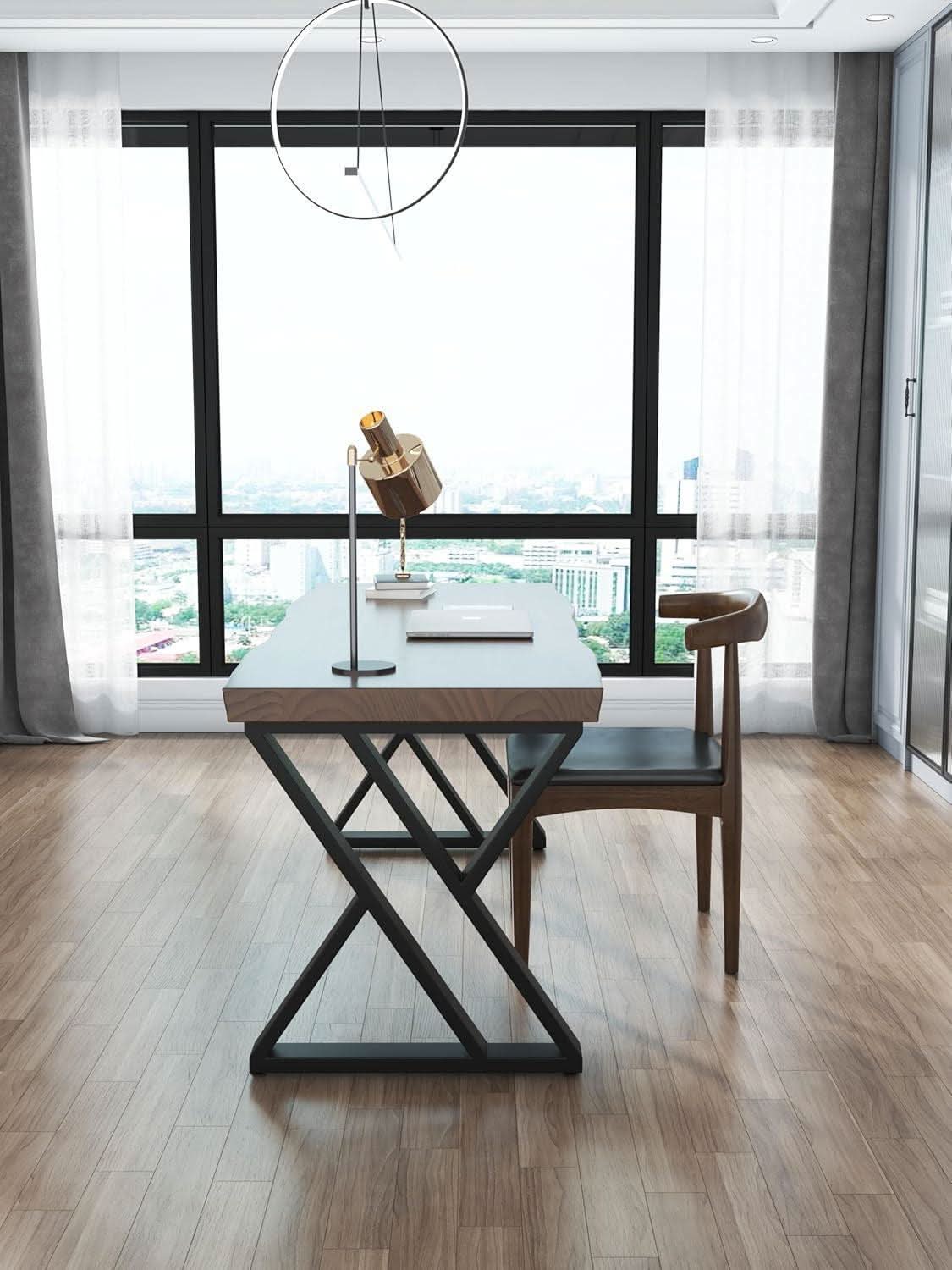 Solid Wood Desk Fifty Five Inch Wide Matte Brown Rustic Aged Oak
