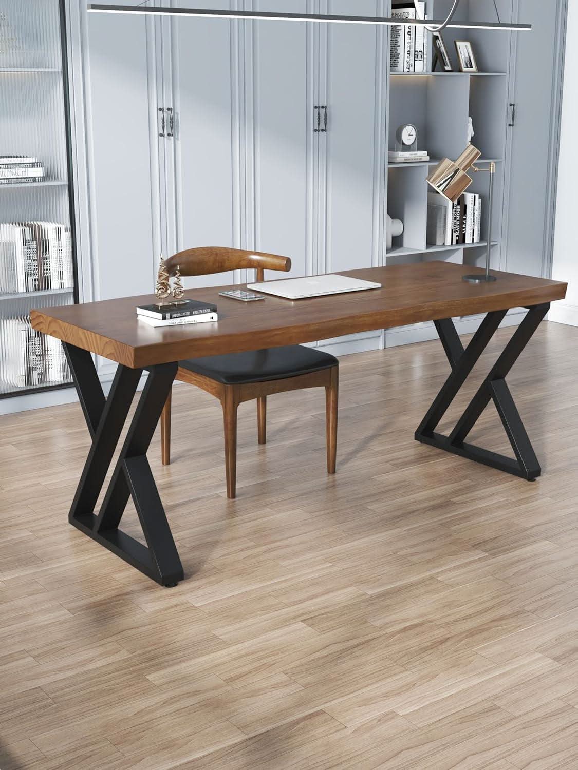Solid Wood Desk Fifty Five Inch Wide Matte Brown Rustic Aged Oak