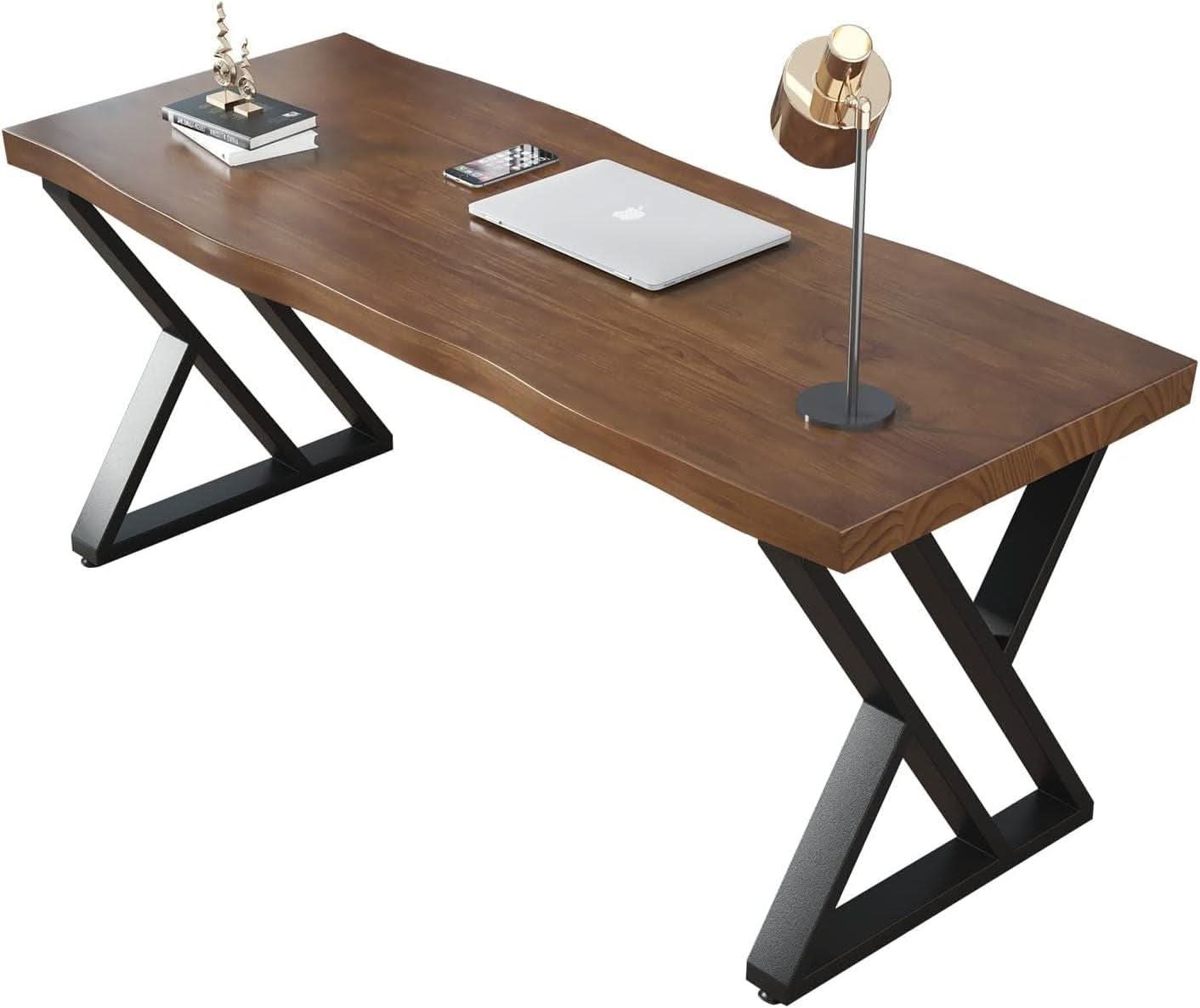 Solid Wood Desk Fifty Five Inch Wide Matte Brown Rustic Aged Oak