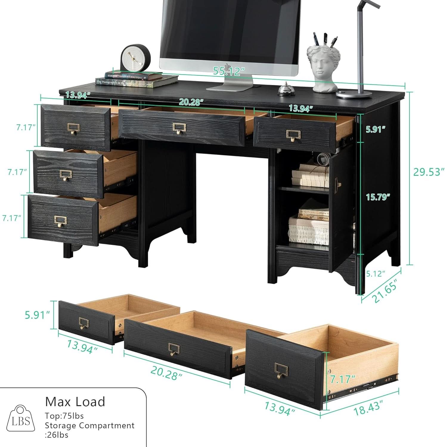 Solid Wood Executive Desk with Drawers and Storage