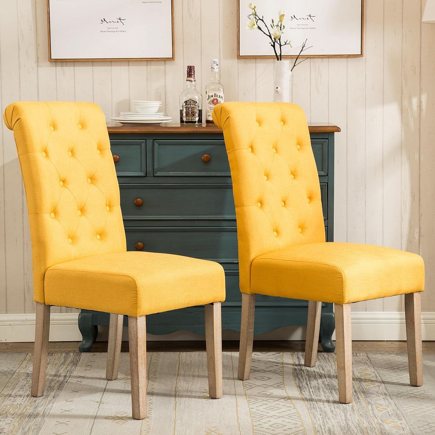 Solid Wood Tufted Parsons Yellow Dining Chair Set Of 2