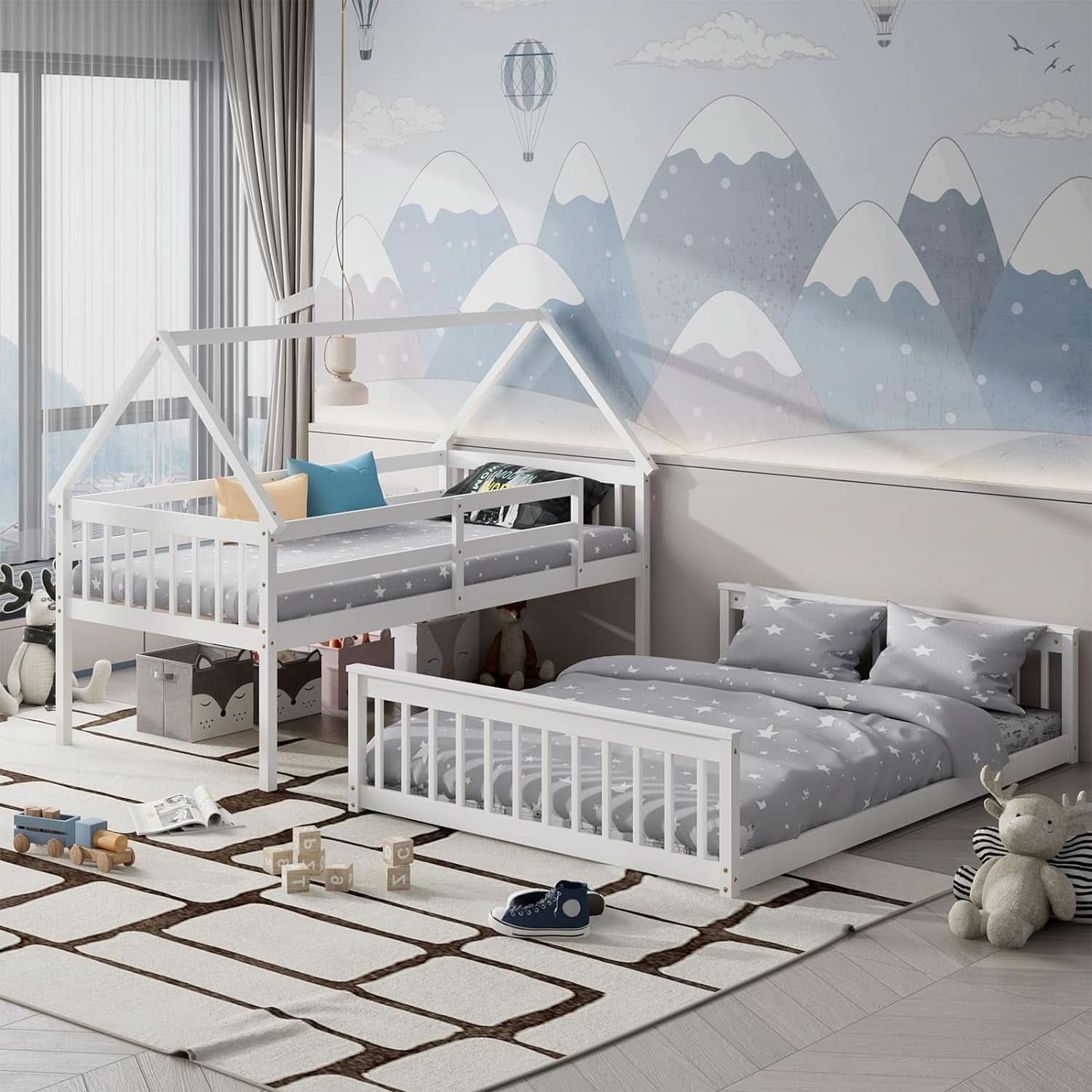 Solid Wood Twin Over Full Bunk Bed White With Guardrails