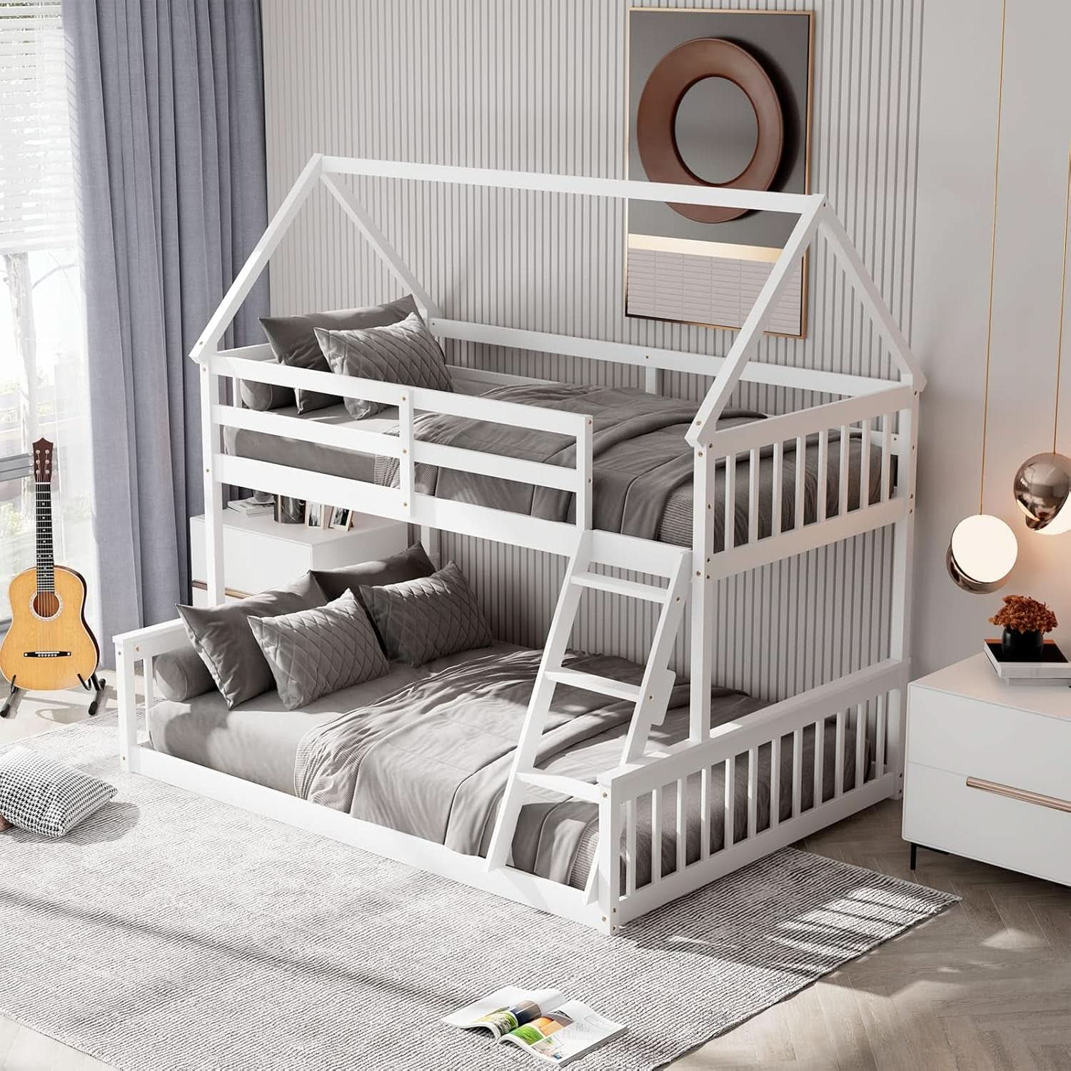Solid Wood Twin Over Full Bunk Bed White With Guardrails