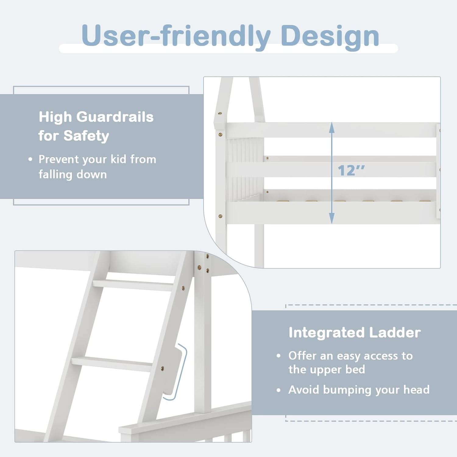 Solid Wood Twin Over Full Bunk Bed White With Guardrails