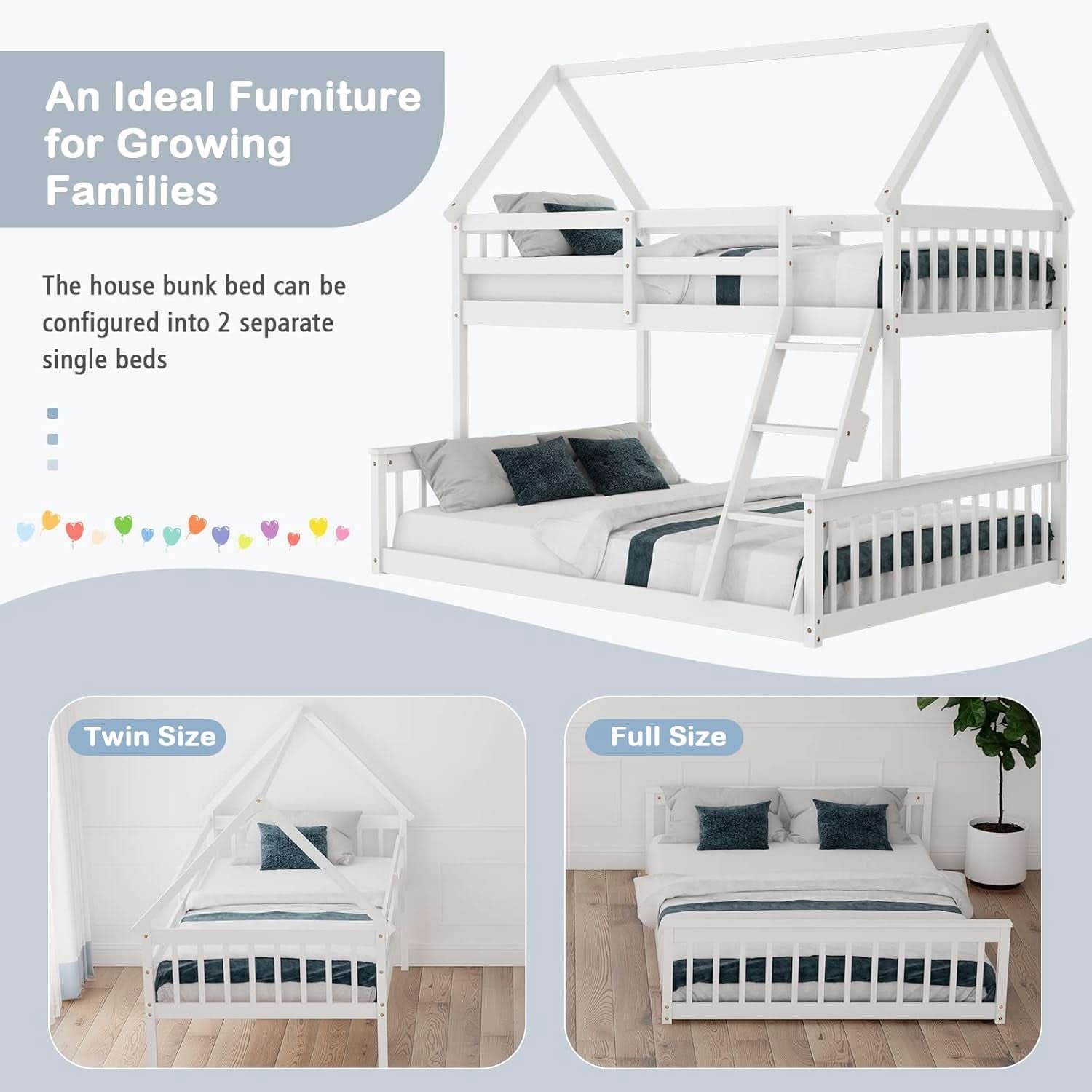 Solid Wood Twin Over Full Bunk Bed White With Guardrails