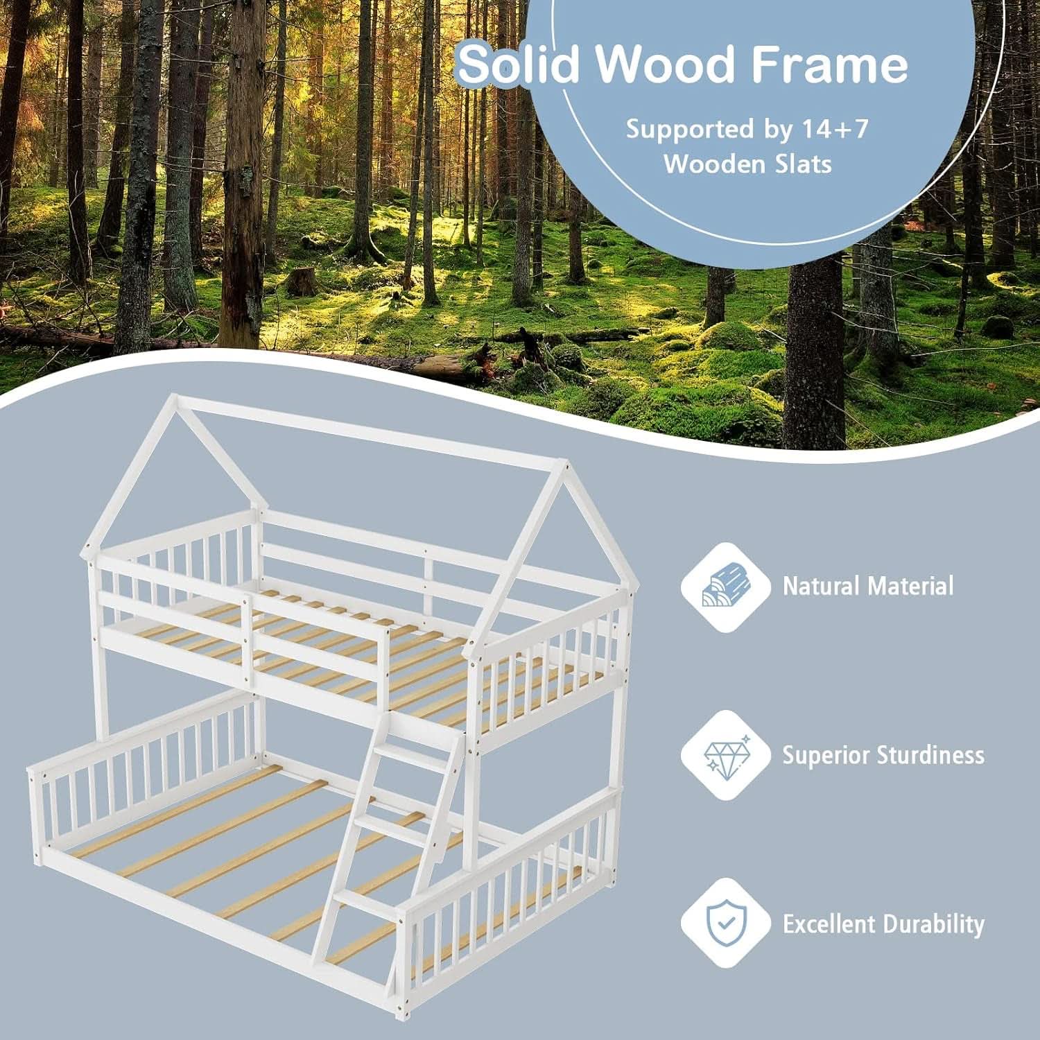Solid Wood Twin Over Full Bunk Bed White With Guardrails