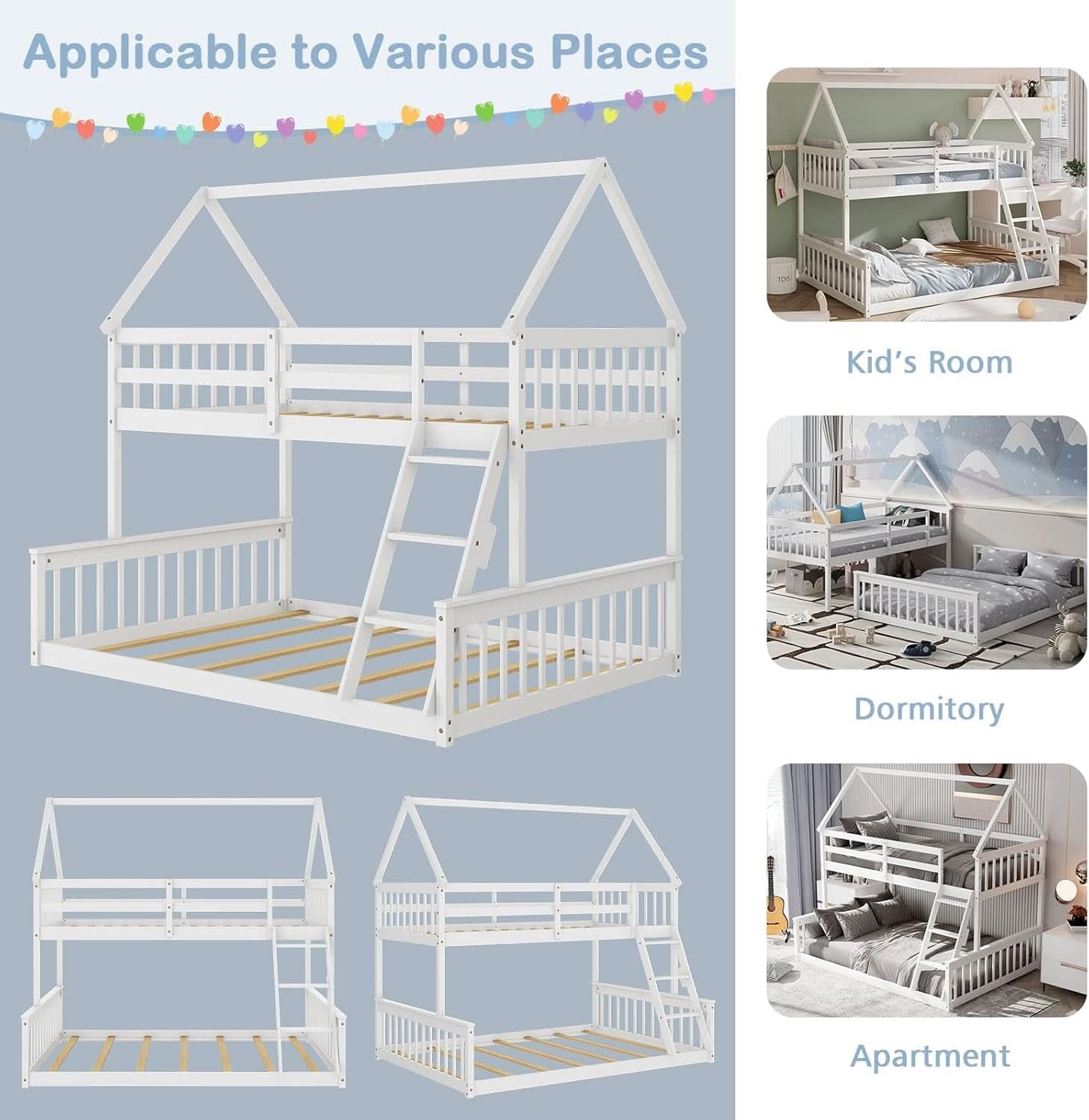 Solid Wood Twin Over Full Bunk Bed White With Guardrails