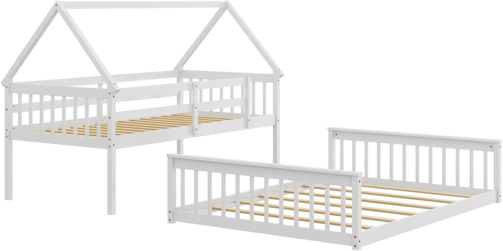 Solid Wood Twin Over Full Bunk Bed White With Guardrails