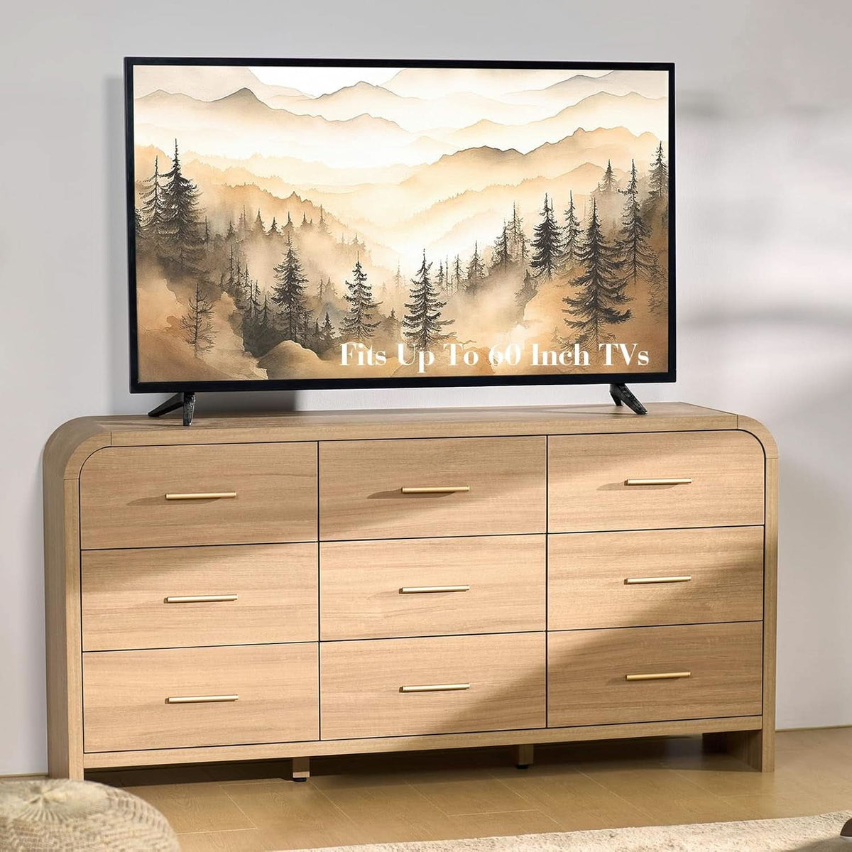 SolidOak Curved Nine Drawer Dresser SixtyThreeInches