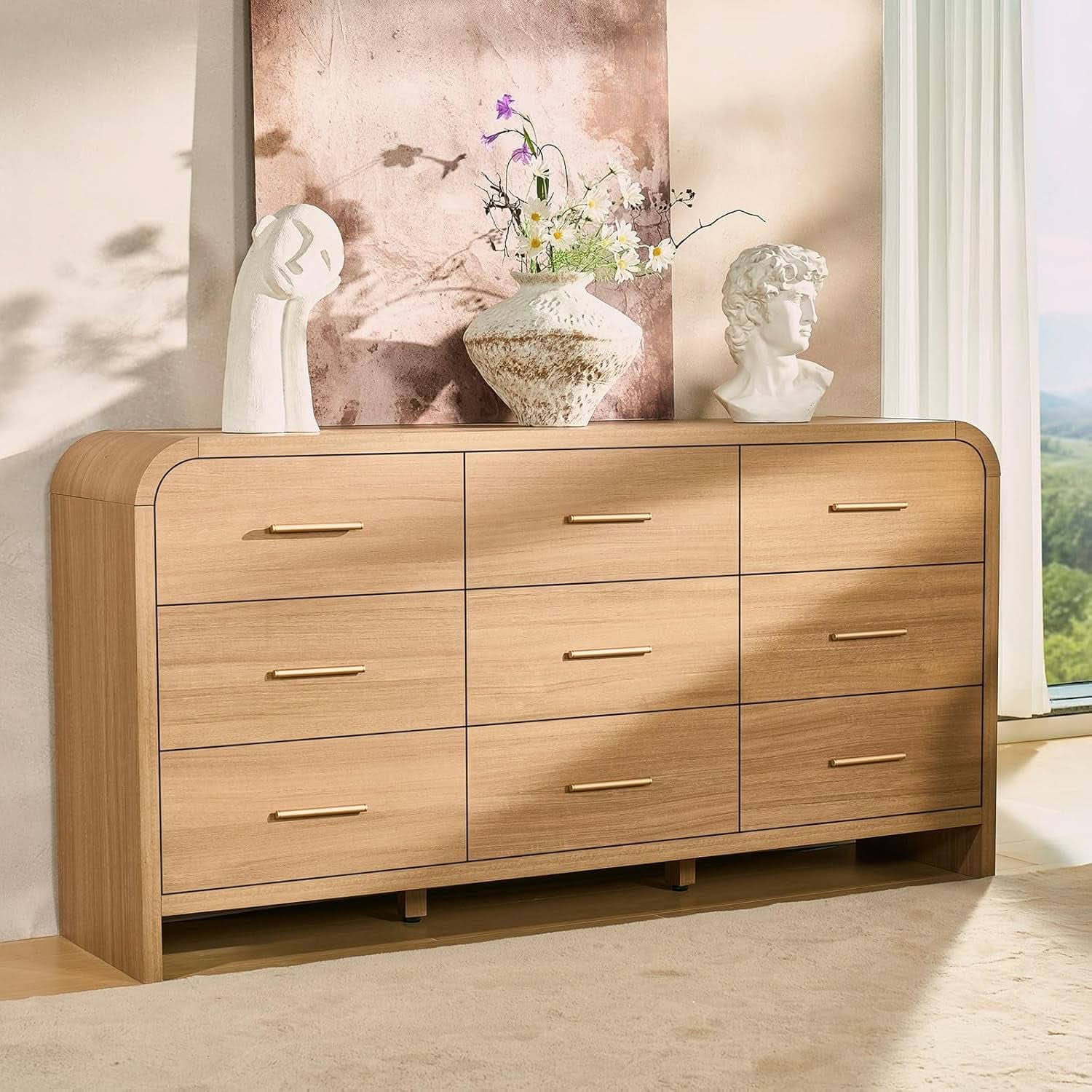 SolidOak Curved Nine Drawer Dresser SixtyThreeInches