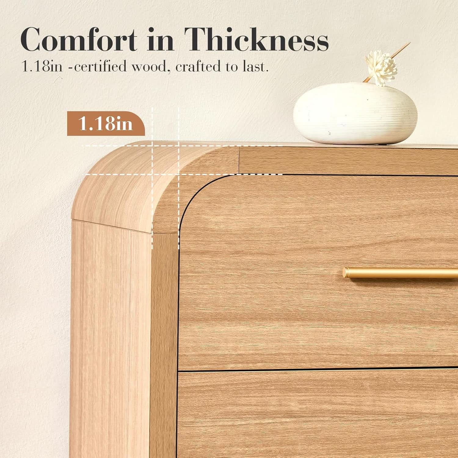 SolidOak Curved Nine Drawer Dresser SixtyThreeInches