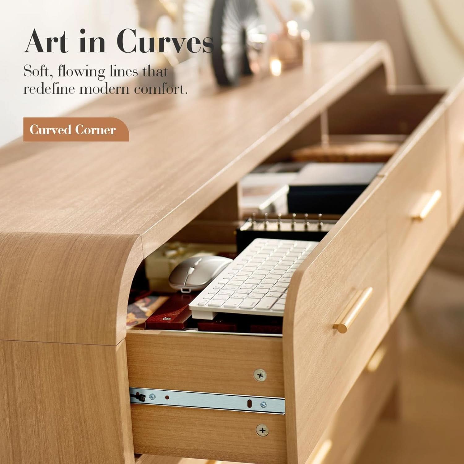 SolidOak Curved Nine Drawer Dresser SixtyThreeInches