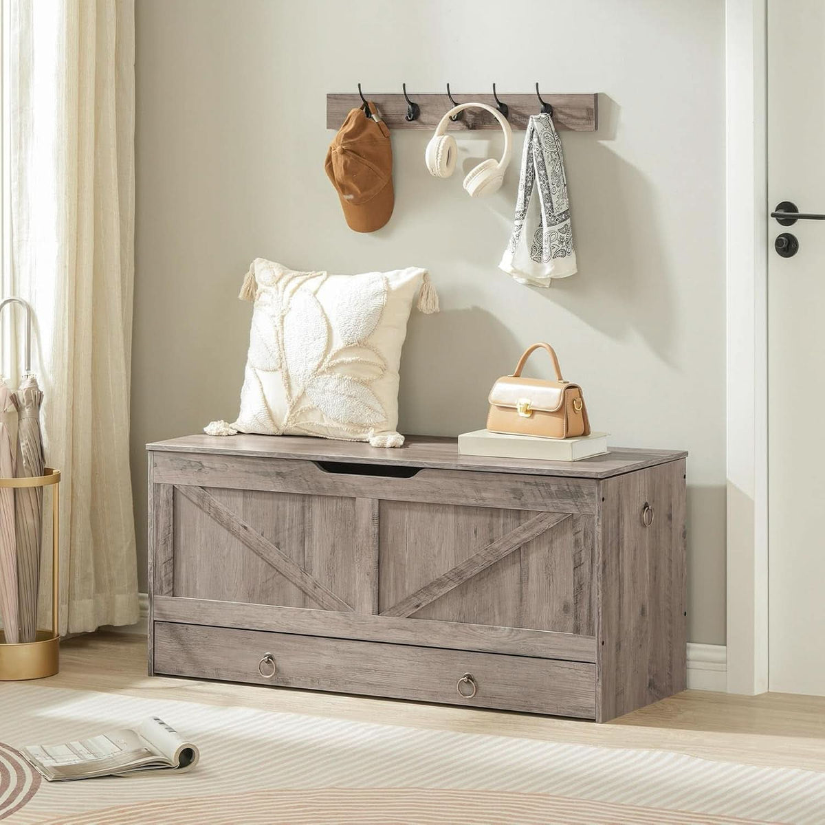 SolidWoodFinish Storage Bench Greige 43Inch Drawer