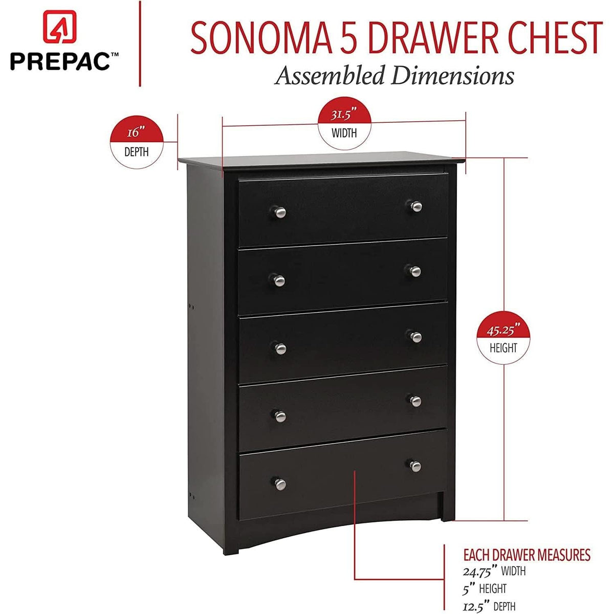 Sonoma Modern 5 Drawer Black Dresser Chest For Bedroom