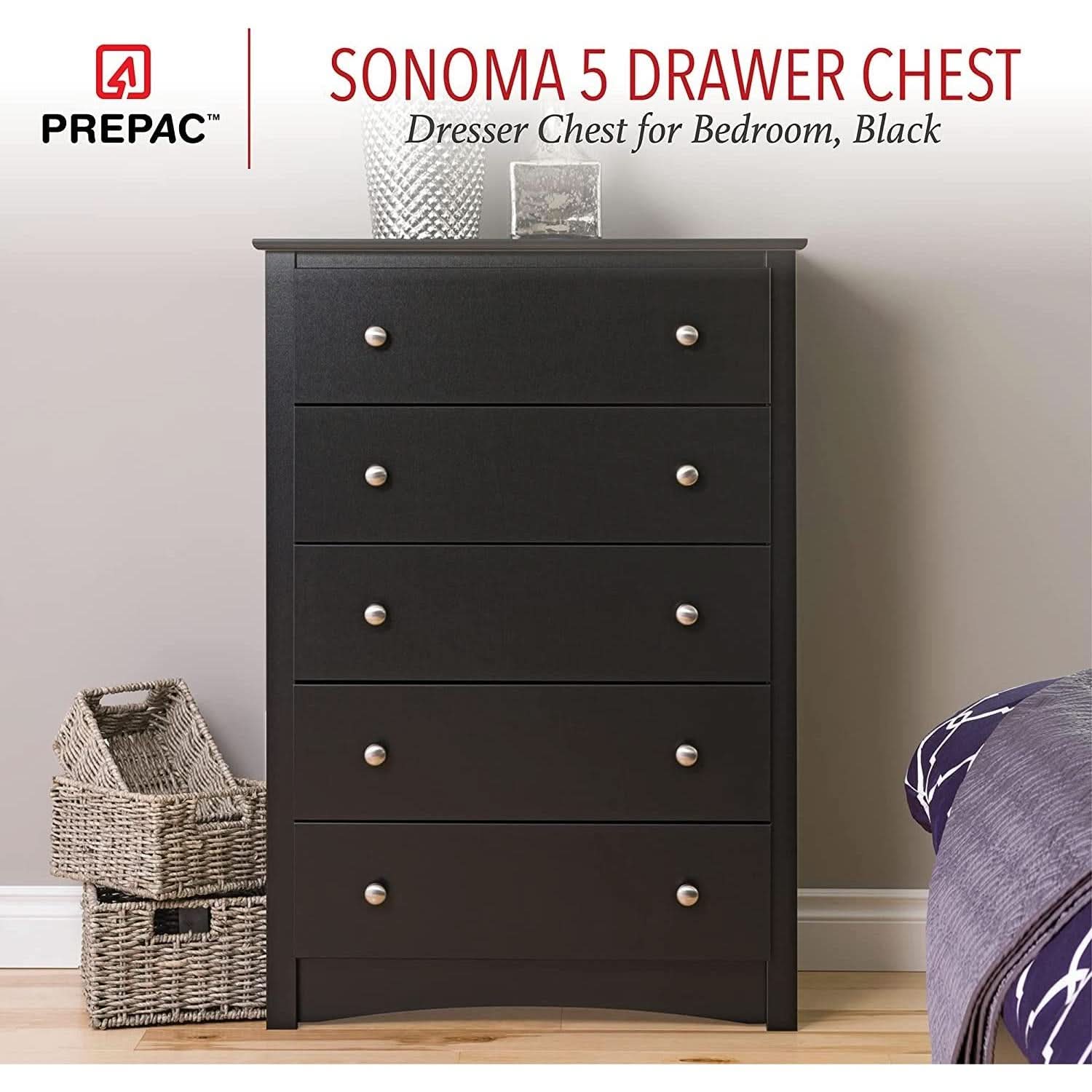 Sonoma Modern 5 Drawer Black Dresser Chest For Bedroom