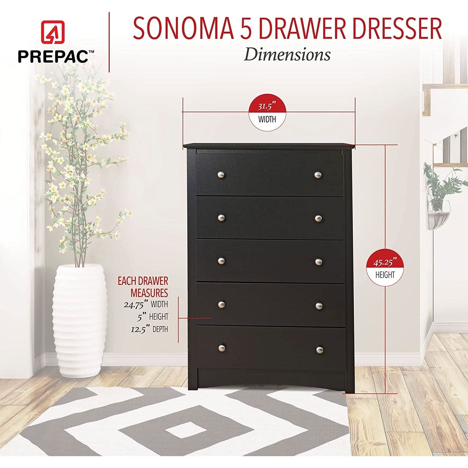 Sonoma Modern 5 Drawer Black Dresser Chest For Bedroom