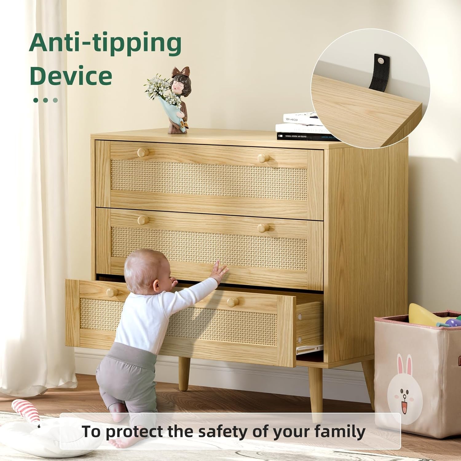 Space-Saving 3-Drawer Rattan Dresser For Bedroom Storage