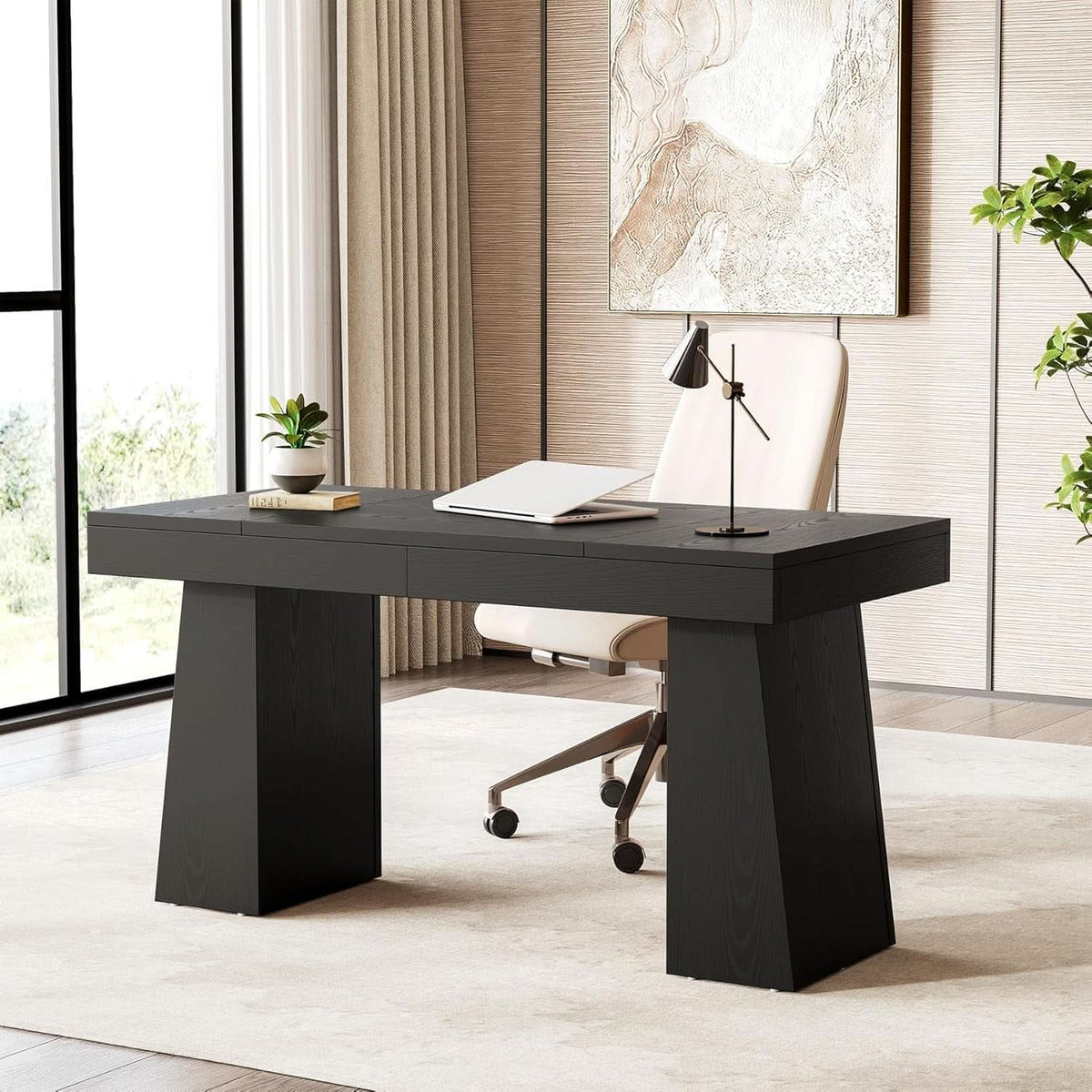 Spacious 55 Inch Black Wooden Computer Desk for Home