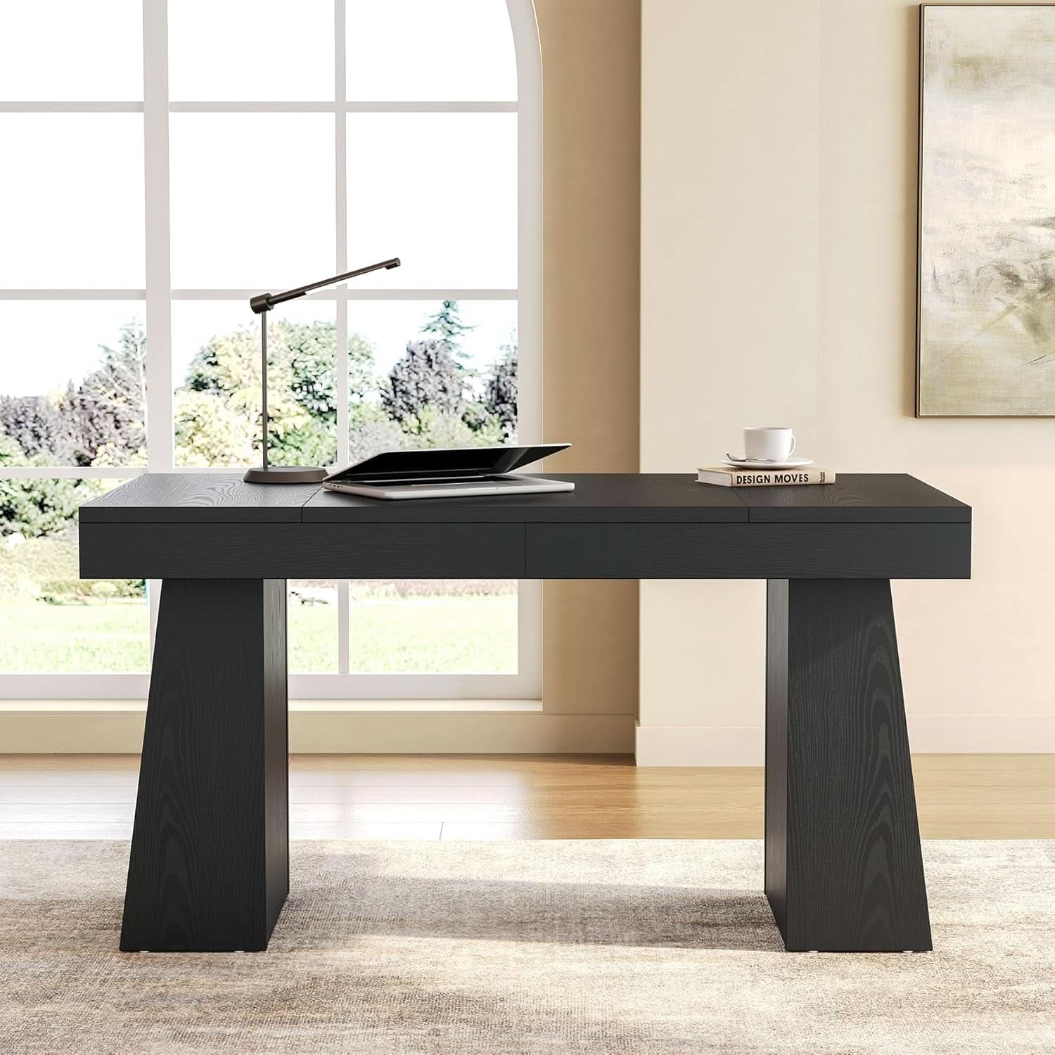 Spacious 55 Inch Black Wooden Computer Desk for Home