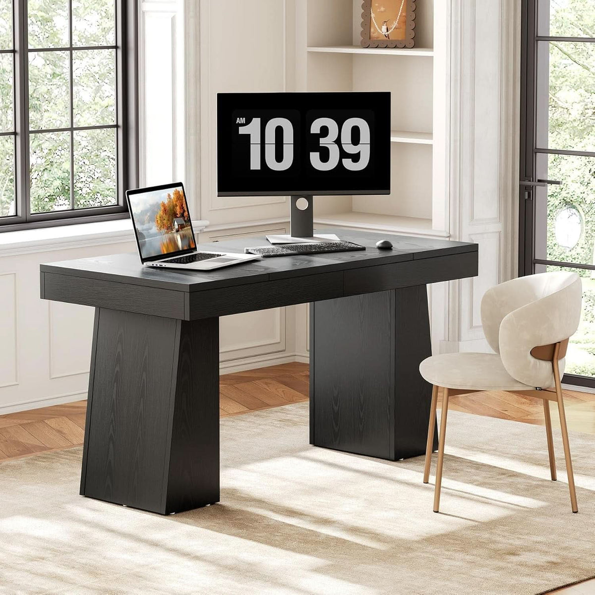 Spacious 55 Inch Black Wooden Computer Desk for Home