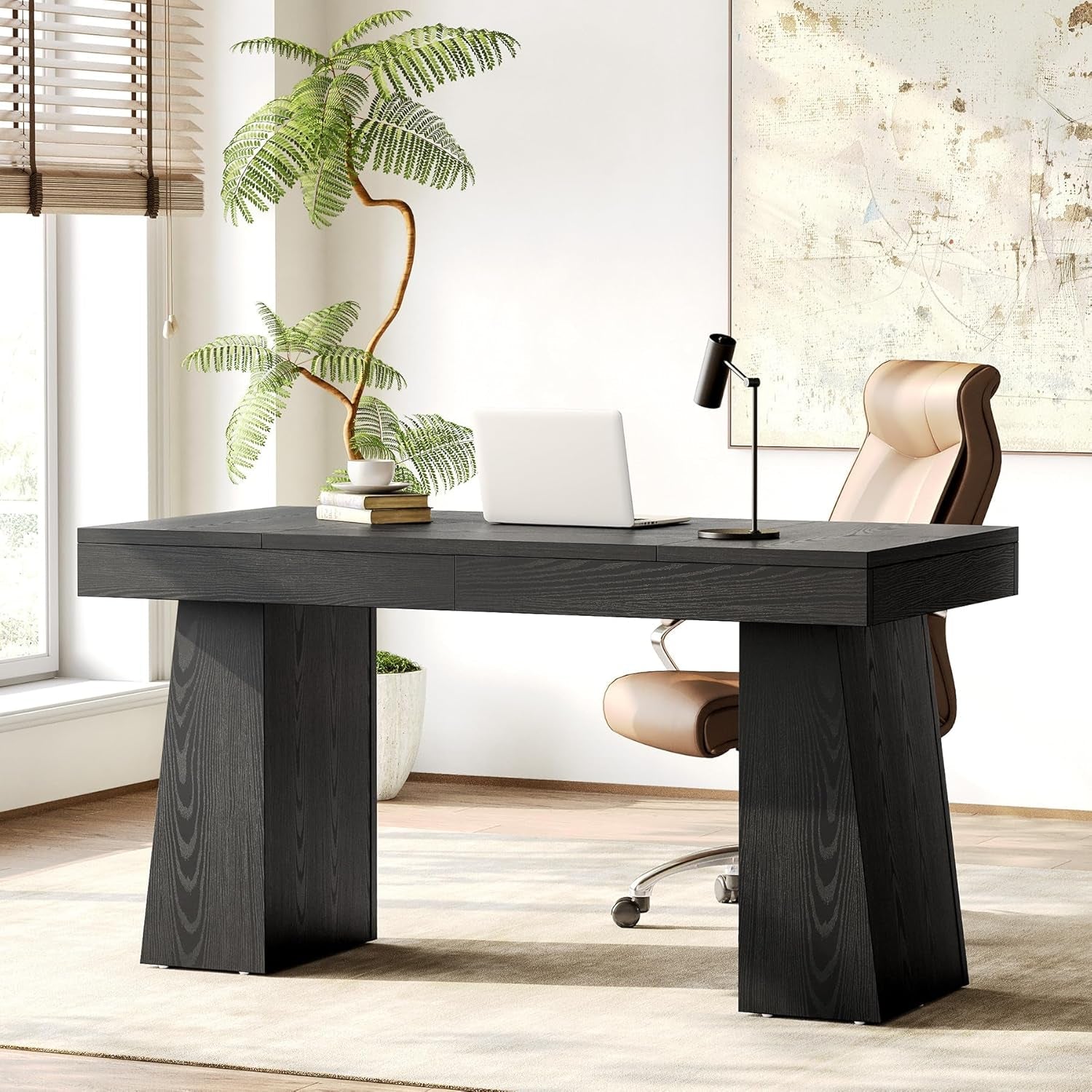 Spacious 55 Inch Black Wooden Computer Desk for Home