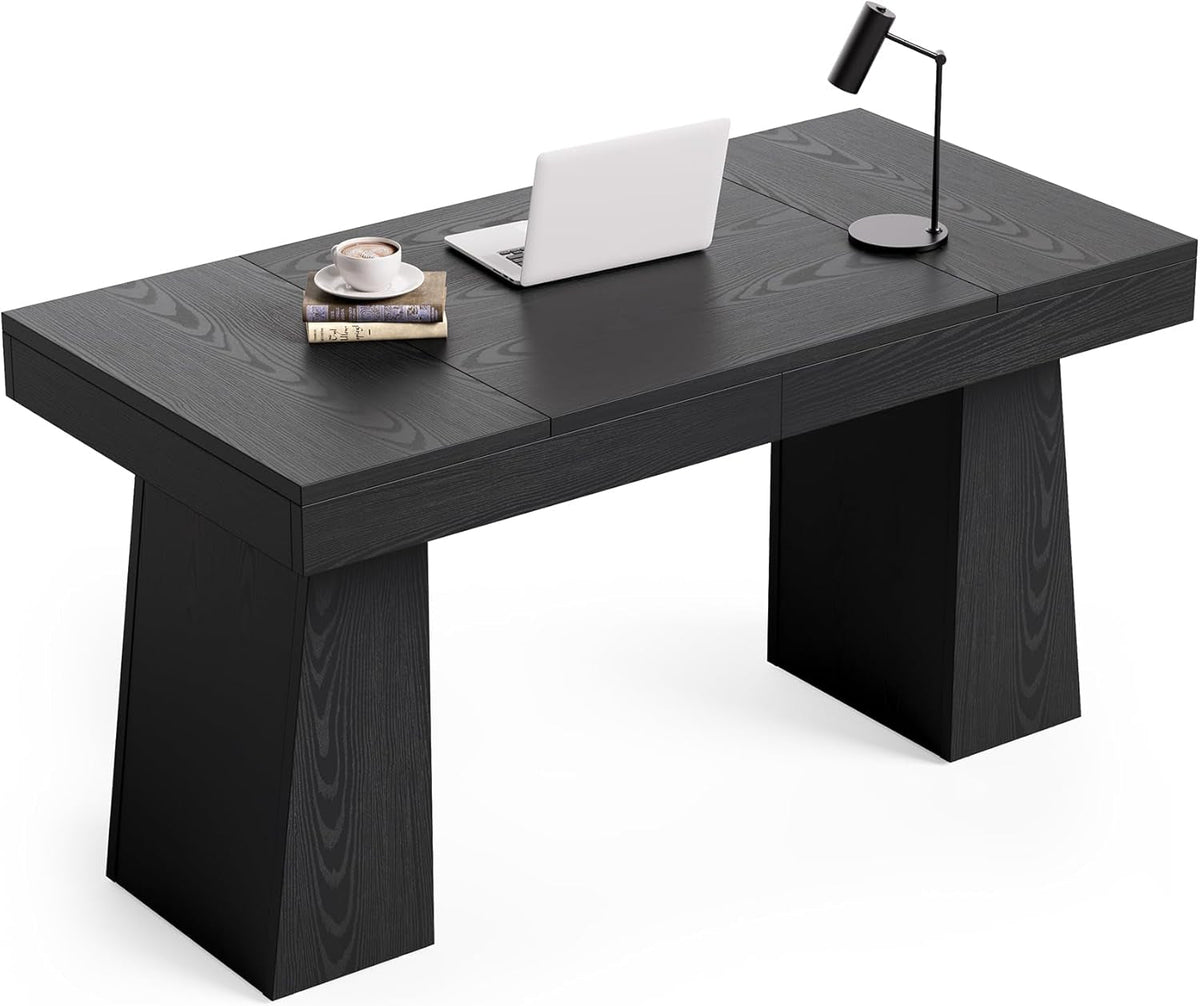 Spacious 55 Inch Black Wooden Computer Desk for Home