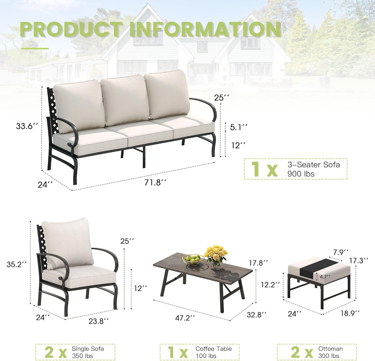 Spacious Six Piece Cushioned Patio Conversation Furniture Set