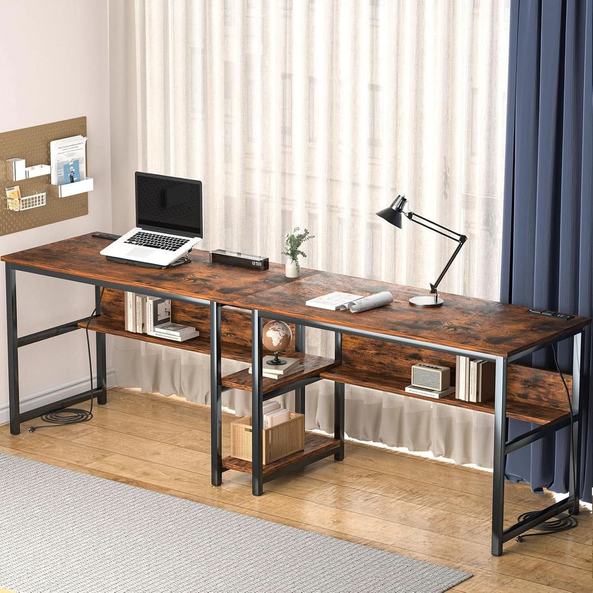 Spacious Two Person Desk with Power Strips and Shelves