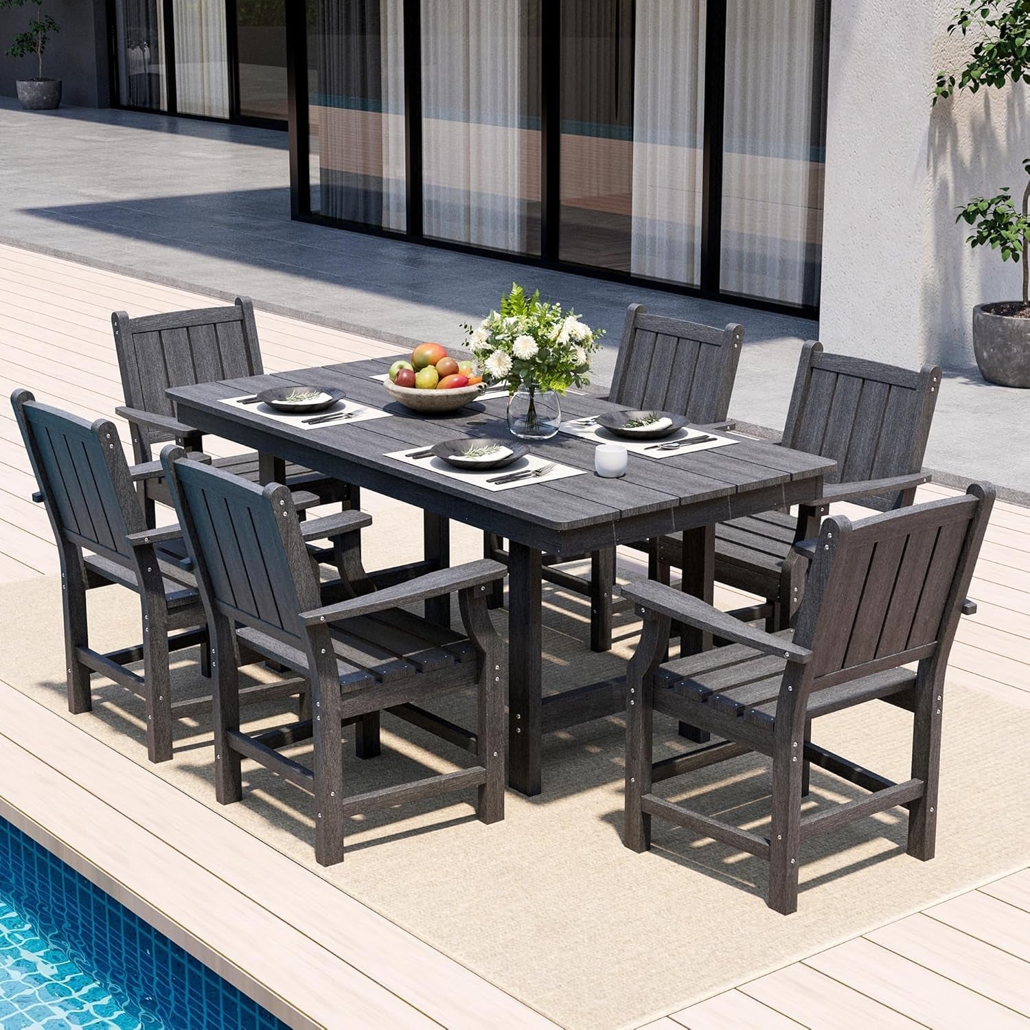 Spacious Wood Grain Outdoor Dining Set with Umbrella Hole