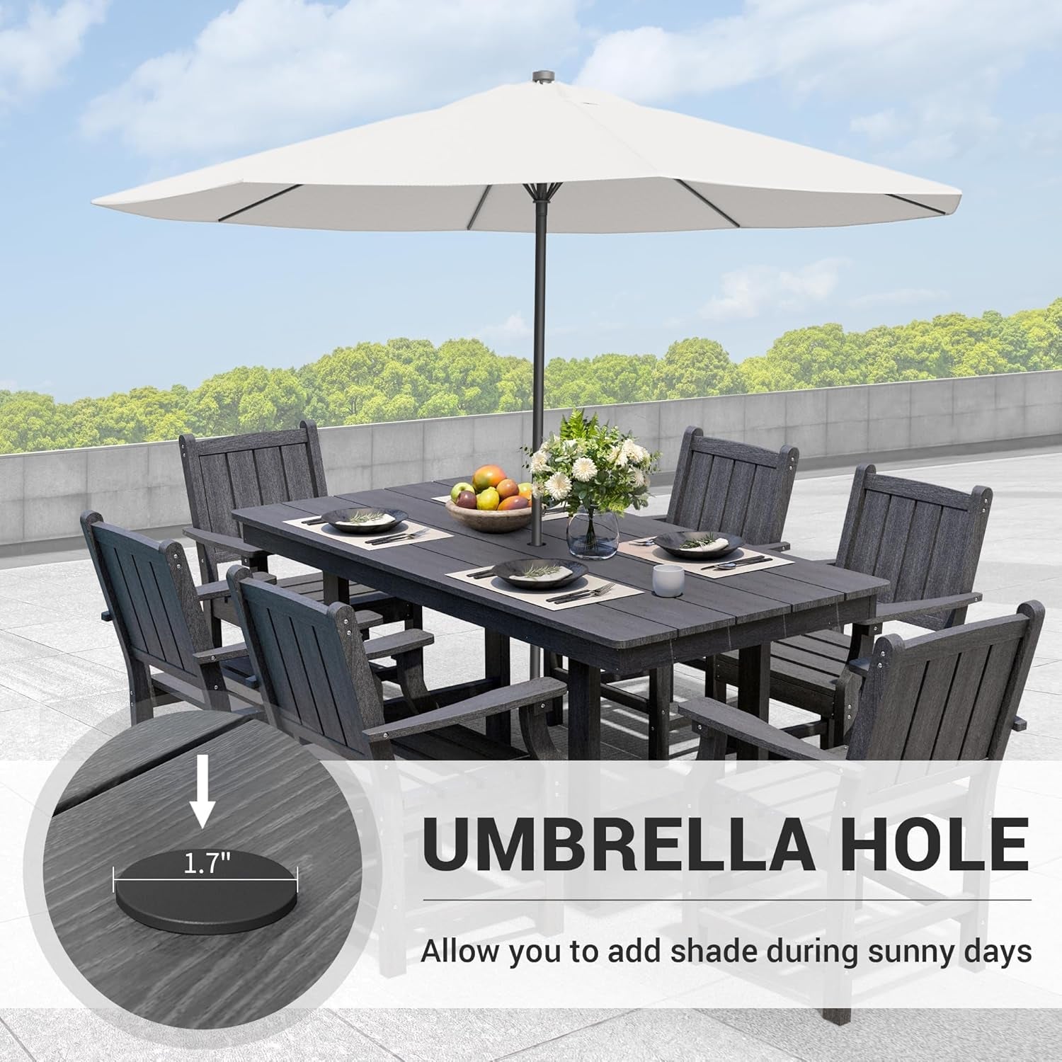 Spacious Wood Grain Outdoor Dining Set with Umbrella Hole