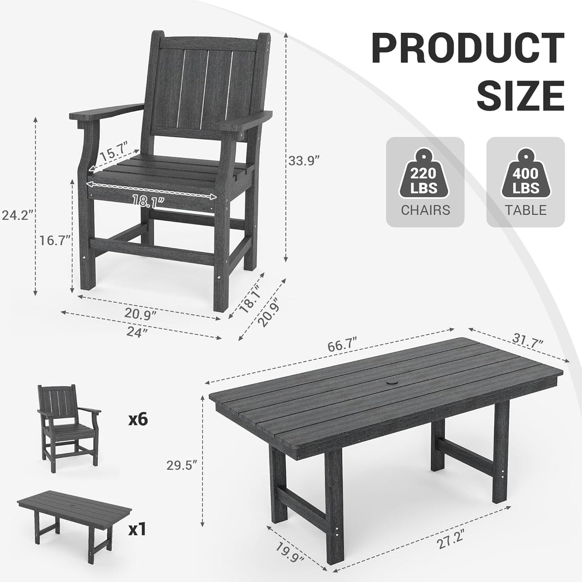 Spacious Wood Grain Outdoor Dining Set with Umbrella Hole