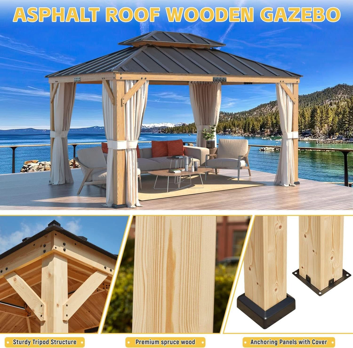 Spruce Wood Gazebo 11x13 With Double Roof Outdoor Patio