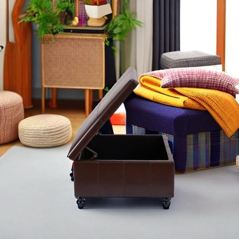 Square Leather Storage Ottoman 30-Inch Brown Durable